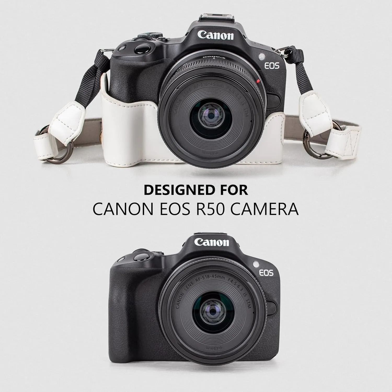 MUZIRI KINOKOO EOS R50 R100 Case, Retro PU Leather Protective Case for Canon EOS R50 R100 DSLR Camera - EOS R50 R100 Camera Case Bag with Bottom Opening & Shoulder Strap & Storage Pocket - White