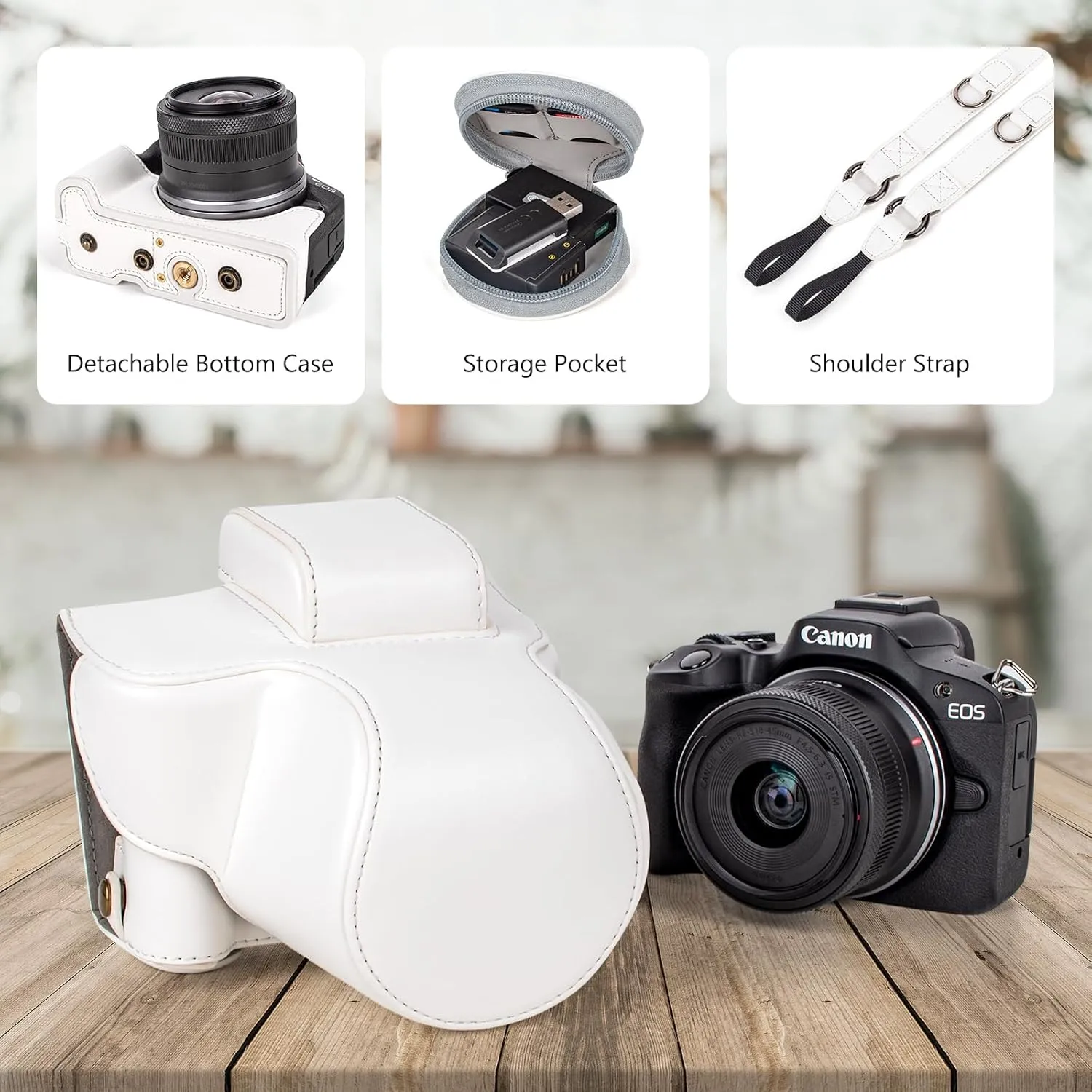 MUZIRI KINOKOO EOS R50 R100 Case, Retro PU Leather Protective Case for Canon EOS R50 R100 DSLR Camera - EOS R50 R100 Camera Case Bag with Bottom Opening & Shoulder Strap & Storage Pocket - White