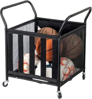 MyGift Mesh Fabric Multi Sports Ball Storage Rolling Cart with Matte Black Metal Frame, and Angled Handles, Garage, Gym or Playground Basketball, Soccer Ball Cage Equipment Basket with Caster Wheels