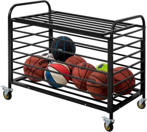 MyGift Professional Black Metal Rolling Sports Ball Storage Cart with Lid
