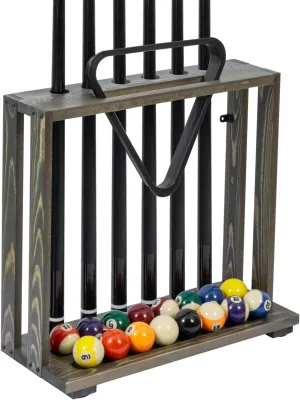 MyGift Rustic Burnt Solid Wood Freestanding Billiards Pool Cue Organizer with Ball Storage and Triangle Rack Slot