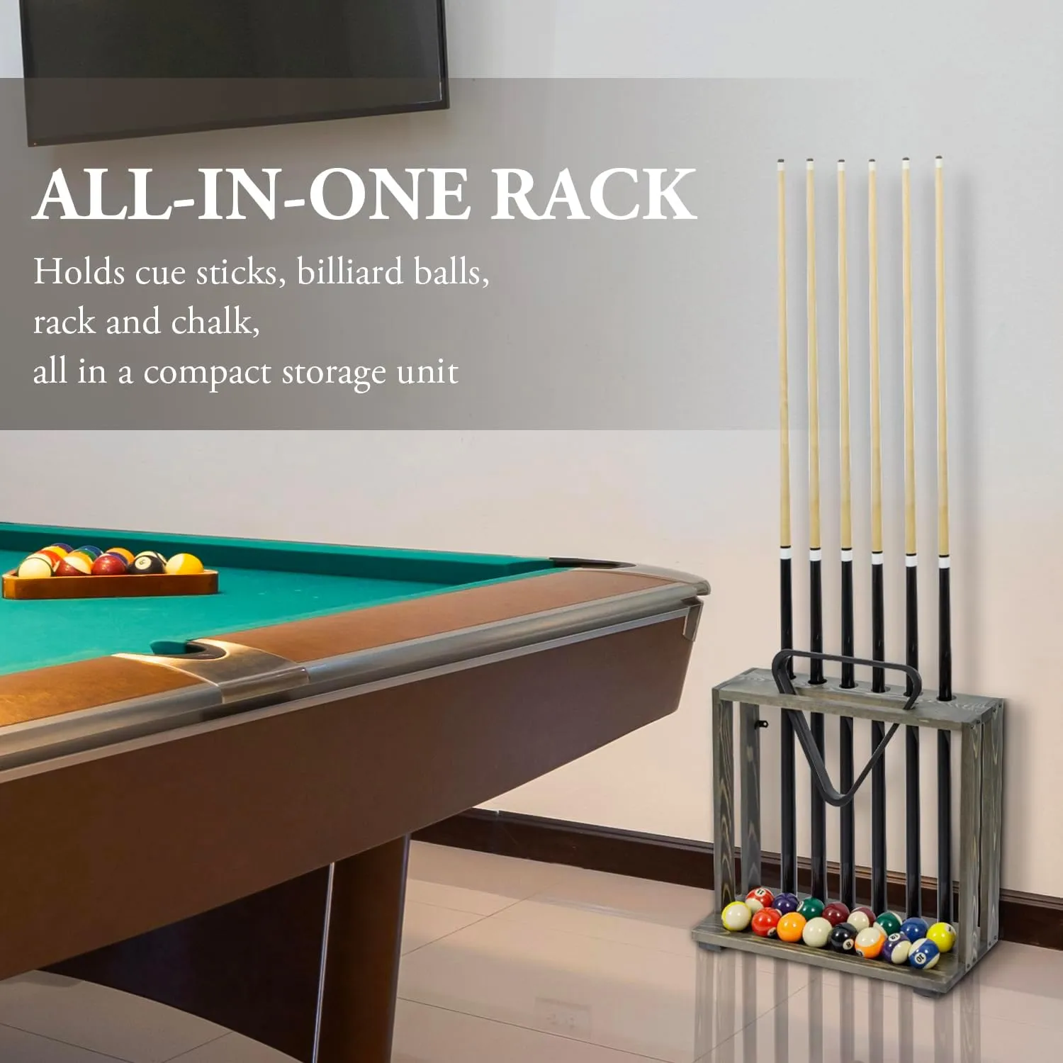 MyGift Rustic Burnt Solid Wood Freestanding Billiards Pool Cue Organizer with Ball Storage and Triangle Rack Slot