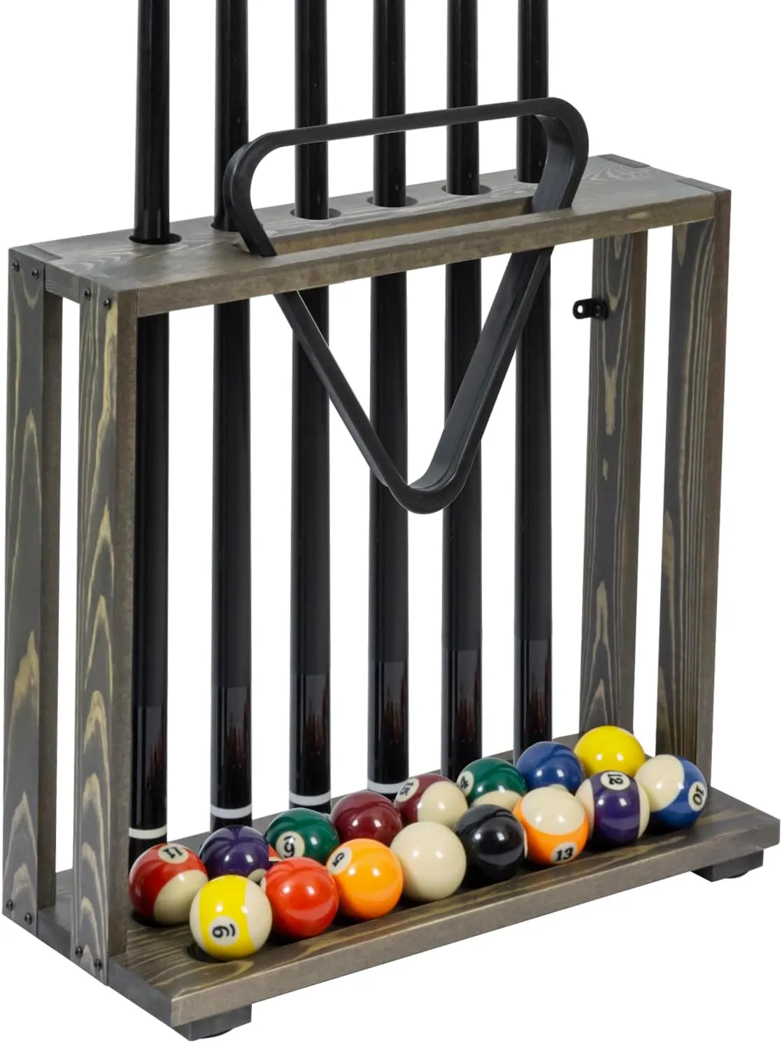 MyGift Rustic Burnt Solid Wood Freestanding Billiards Pool Cue Organizer with Ball Storage and Triangle Rack Slot