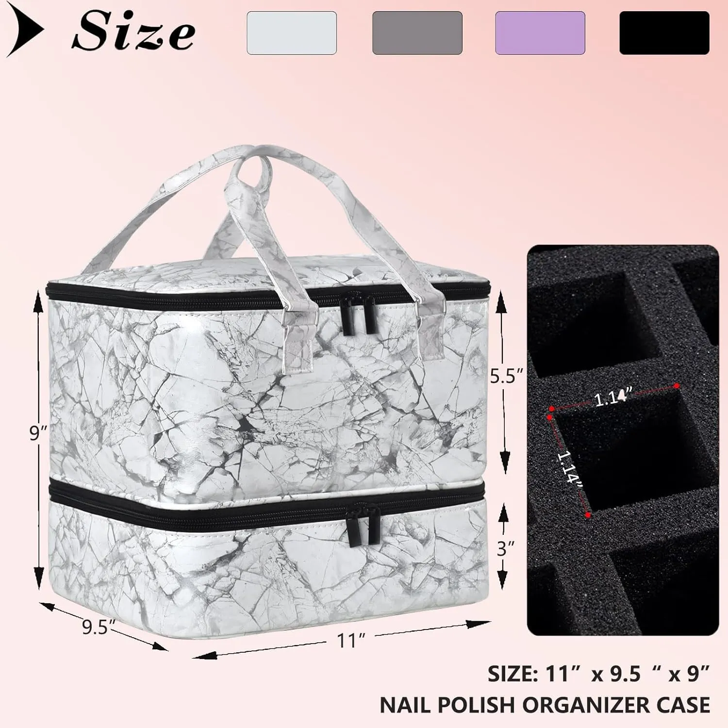 Nail Polish Organizer Case - Holds 42  Bottles (15ml/0.5 fl.oz) and 1 Nail Lamp, Upgraded Double-layer Nail Polish Carrying Case Nail Polish Storage Bag with Handles (White)