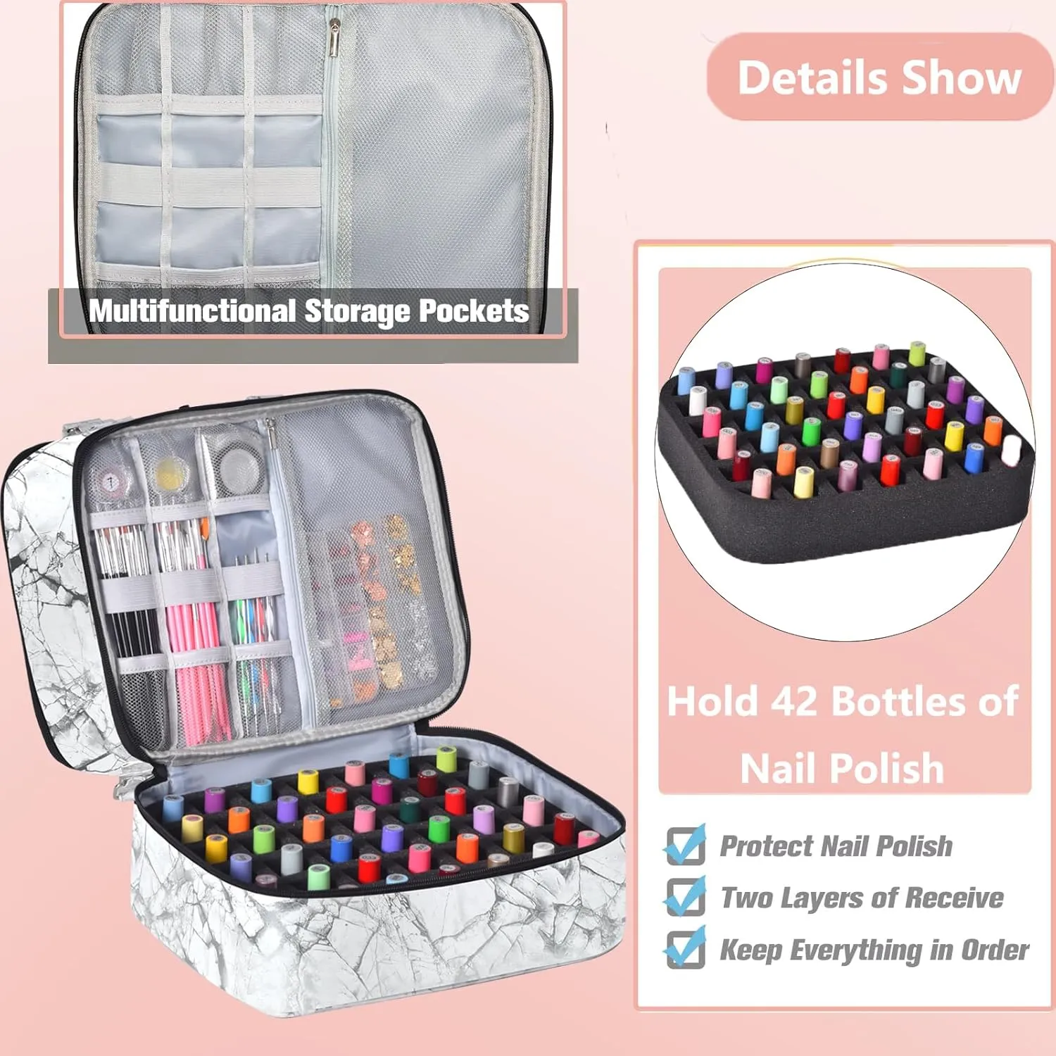 Nail Polish Organizer Case - Holds 42  Bottles (15ml/0.5 fl.oz) and 1 Nail Lamp, Upgraded Double-layer Nail Polish Carrying Case Nail Polish Storage Bag with Handles (White)
