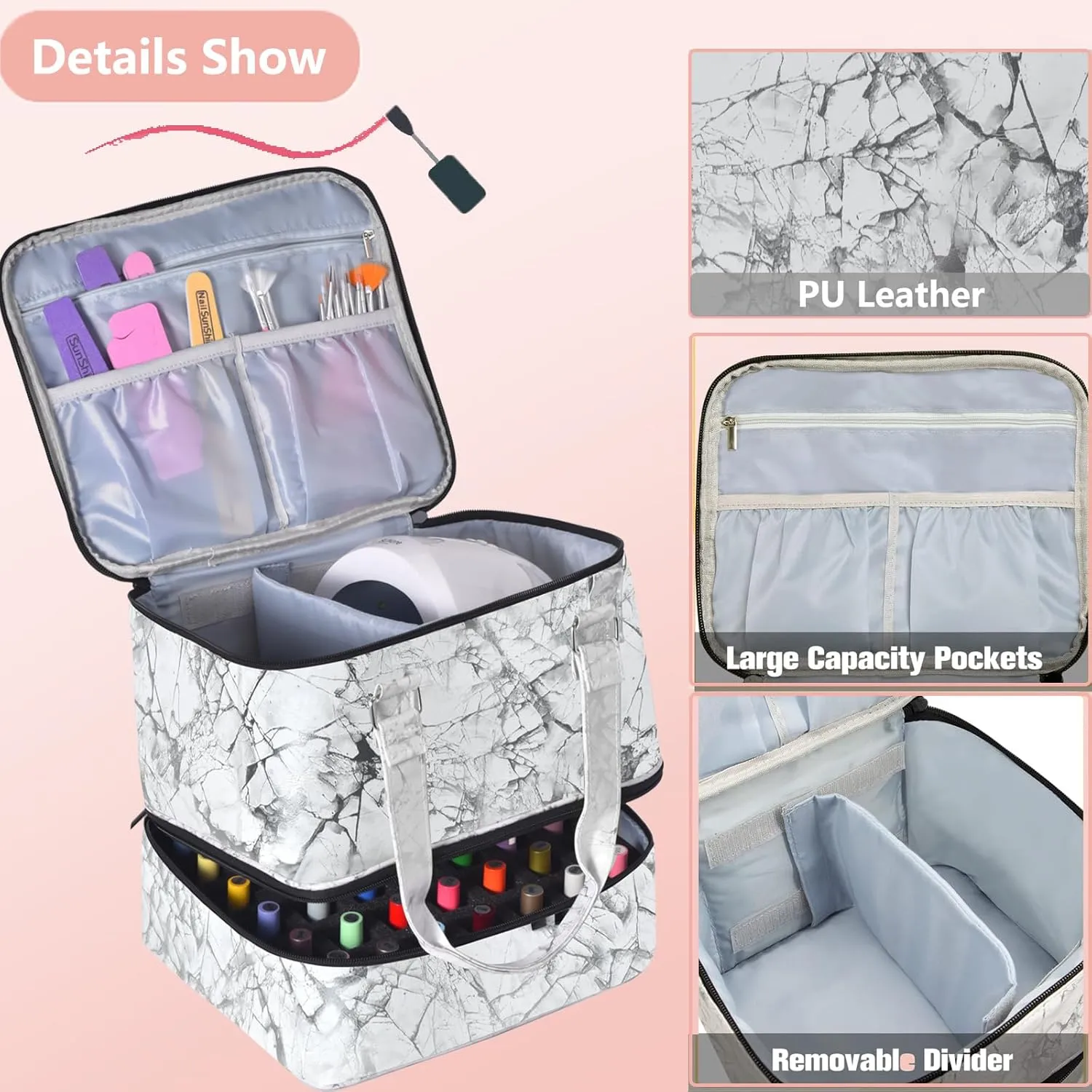 Nail Polish Organizer Case - Holds 42  Bottles (15ml/0.5 fl.oz) and 1 Nail Lamp, Upgraded Double-layer Nail Polish Carrying Case Nail Polish Storage Bag with Handles (White)