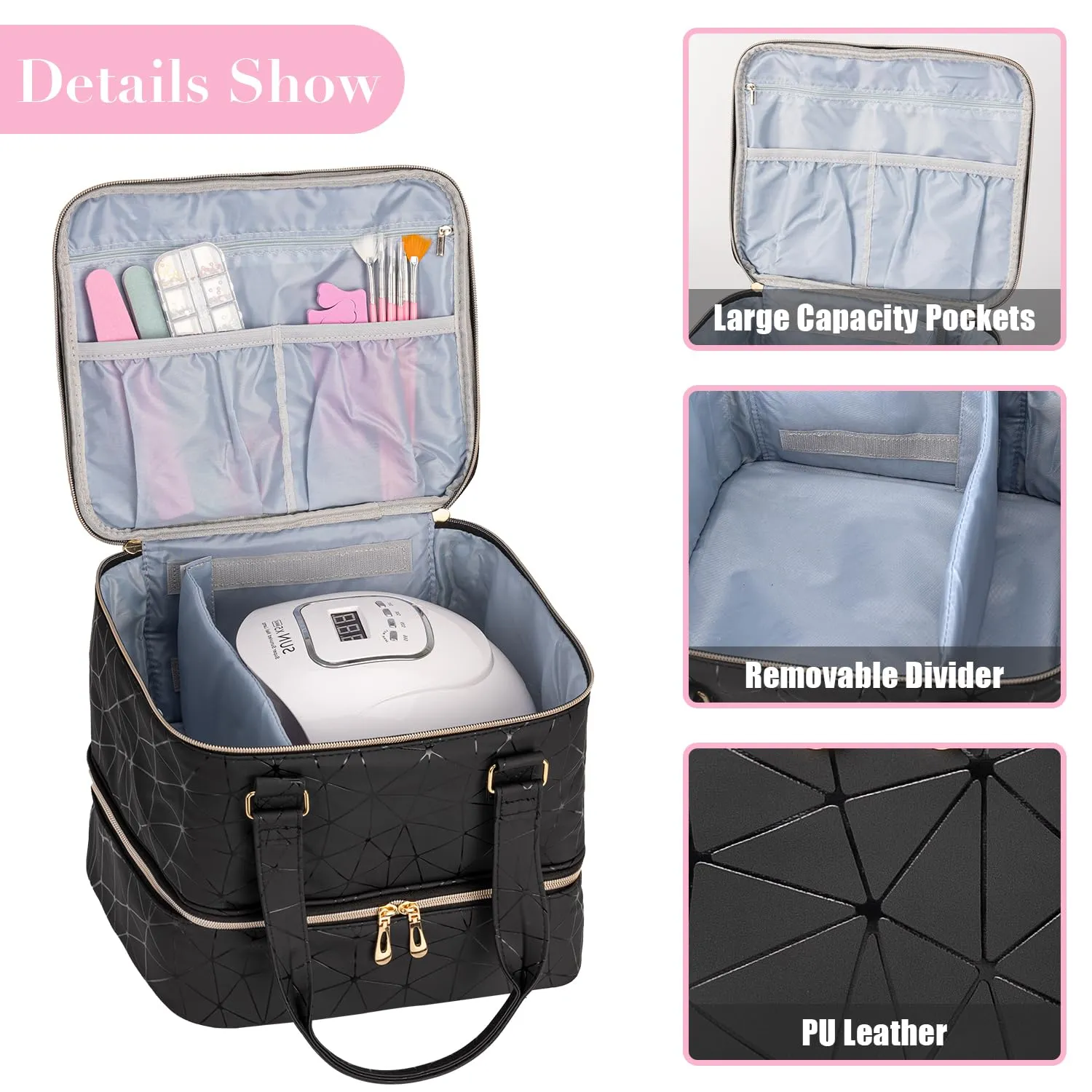 Nail Storage Organizer Holds 42 Bottles & 1 Nail Lamp - Carrying Case (Black PU)