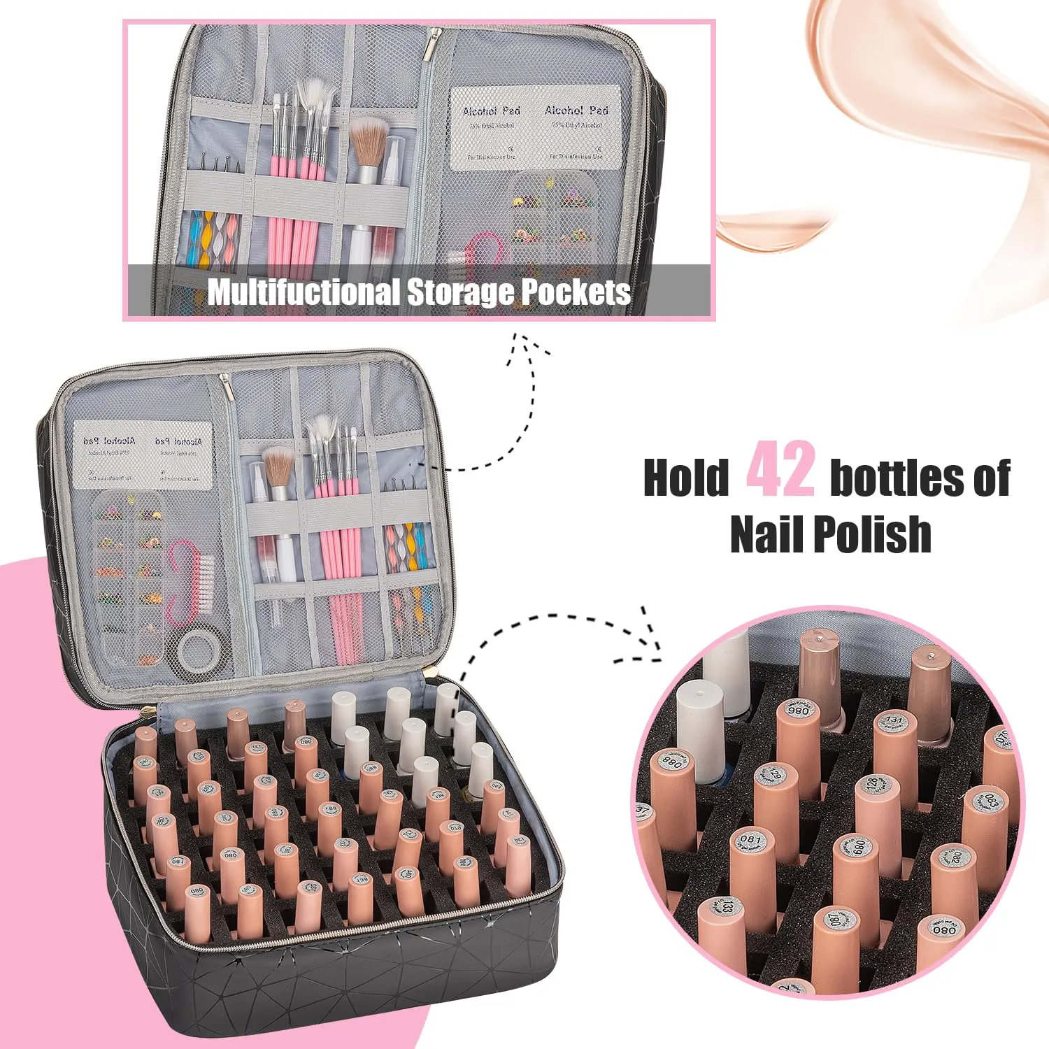 Nail Storage Organizer Holds 42 Bottles & 1 Nail Lamp - Carrying Case (Black PU)