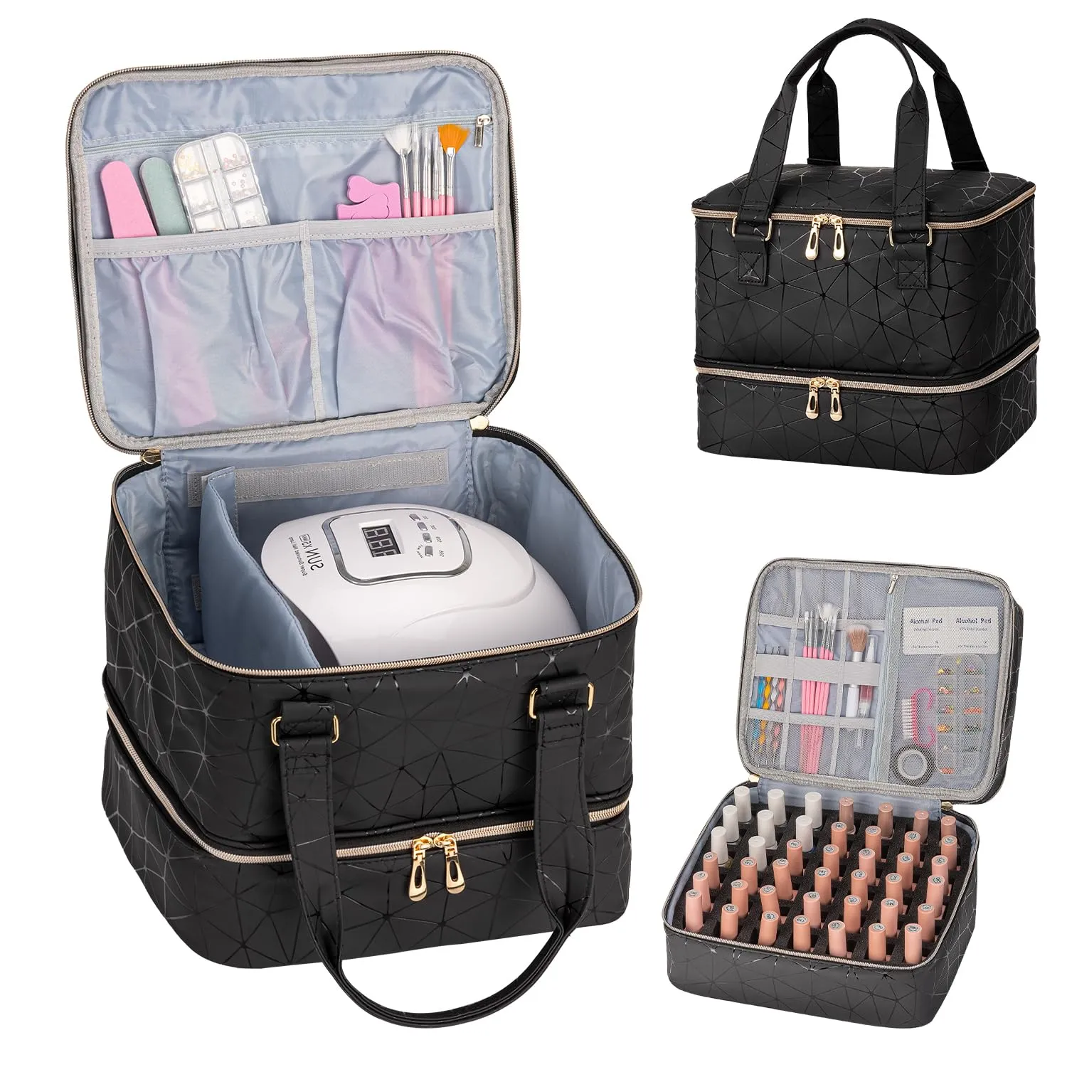Nail Storage Organizer Holds 42 Bottles & 1 Nail Lamp - Carrying Case (Black PU)