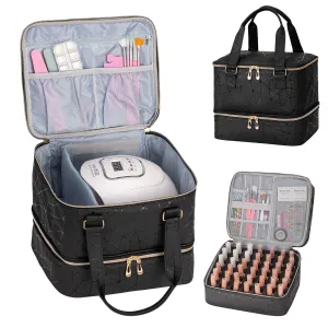 Nail Storage Organizer Holds 42 Bottles & 1 Nail Lamp - Carrying Case (Black PU)
