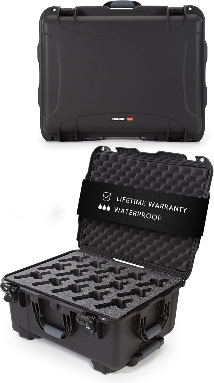 NANUK 950 Hard Case with Wheels and 15 UP Custom Foam Insert, IP67 Waterproof & Crushproof, Rugged Construction for Ultimate Protection, Made in North America – Black (22”.8 x 18.3” x 11.7”)