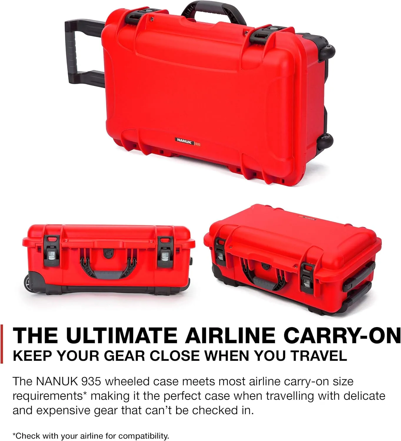 NANUK Wheeled Series 935 Lightweight NK-7 Resin Waterproof Protective Case for DSLR Camera, 3 Lenses, Flash, Red
