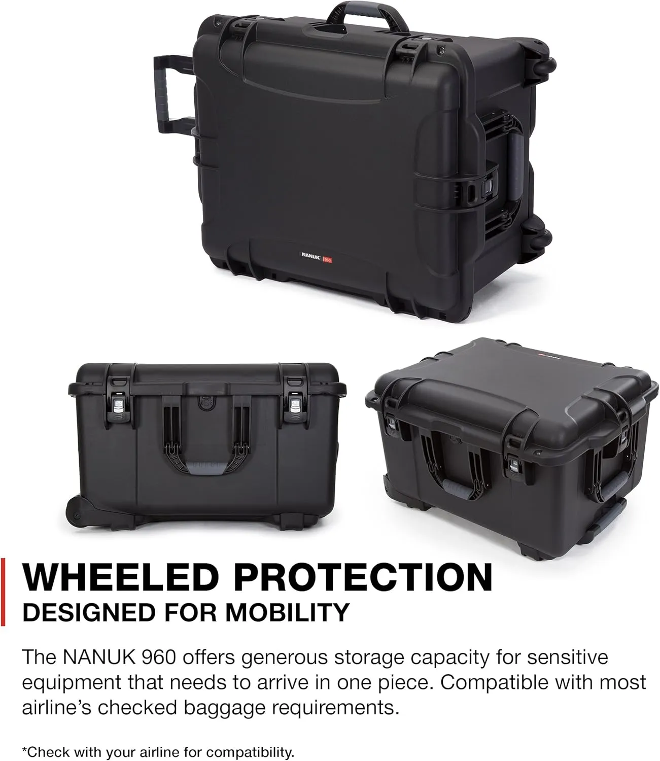 NANUK Wheeled Series 960 Lightweight NK-7 Resin Waterproof Case with Padded Divider, Black