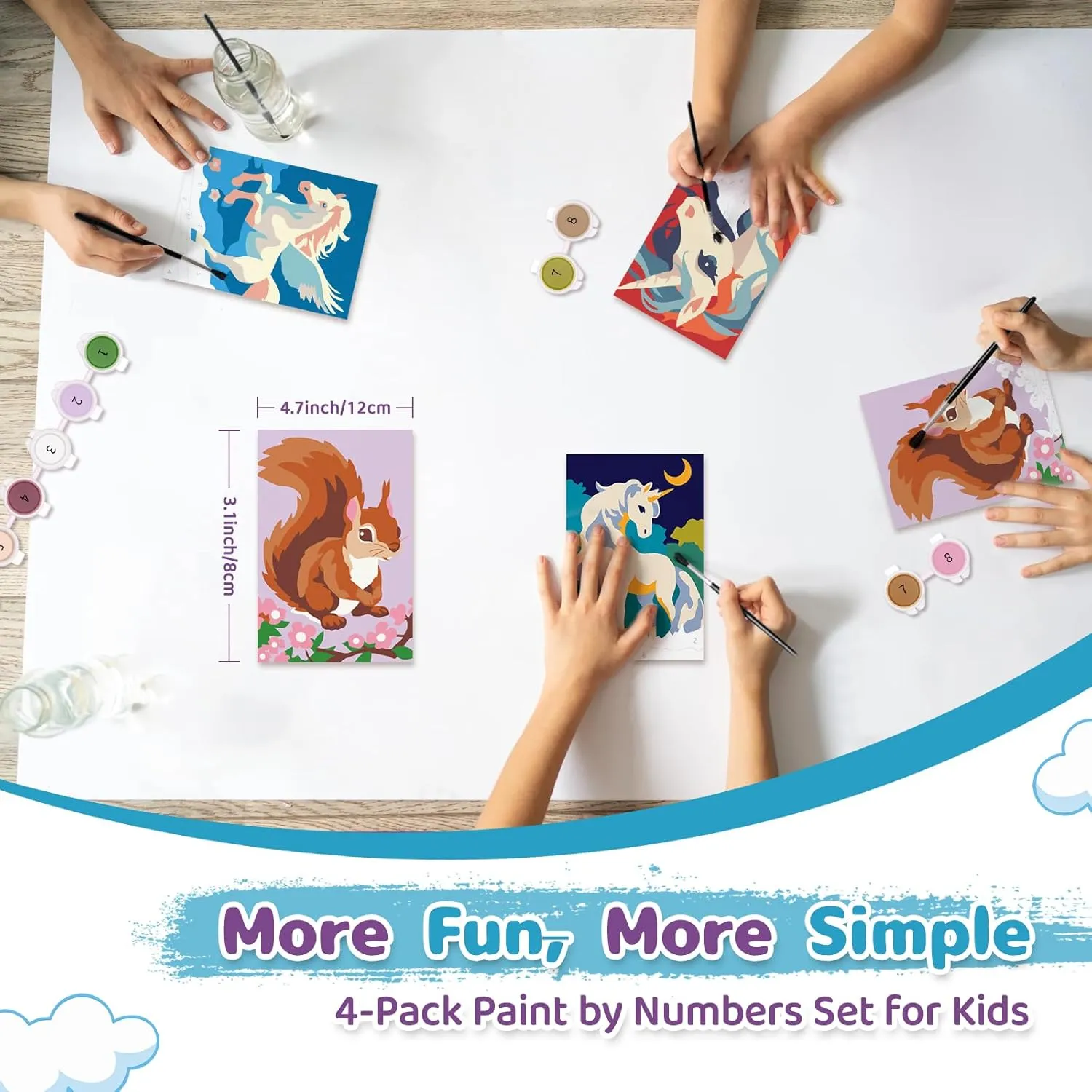 Nariolar 4 Pack Paint by Numbers Kit for Kids Ages 4-6 with 4.7X3.1inch Pre-Printed Cardboard,Acrylic Paint Pots and 3 Painting Brushes，Creative Gifts for Kids（Unicorn and Squirrel