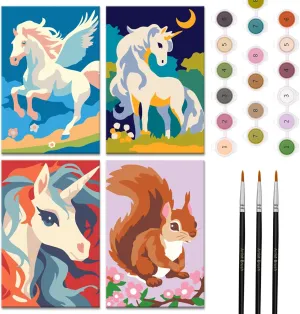 Nariolar 4 Pack Paint by Numbers Kit for Kids Ages 4-6 with 4.7X3.1inch Pre-Printed Cardboard,Acrylic Paint Pots and 3 Painting Brushes，Creative Gifts for Kids（Unicorn and Squirrel