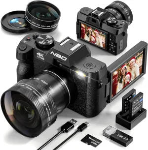 NBD Digital Cameras for Photography 4K,48MP Autofocus Vlogging Camera for YouTube with 32GB TF Card & 2 Batteries,16X Zoom Anti-Shake Video Camera with 52mm Wide Angle and Macro Lens (Black)