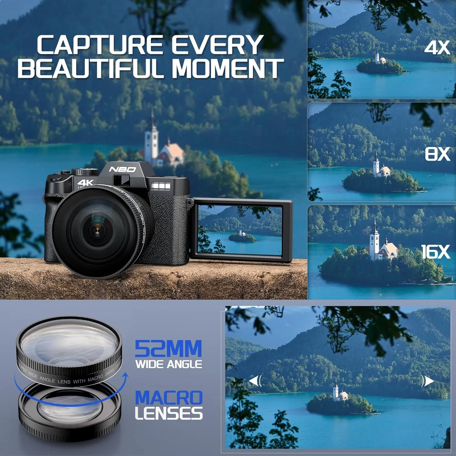 NBD Digital Cameras for Photography 4K,48MP Autofocus Vlogging Camera for YouTube with 32GB TF Card & 2 Batteries,16X Zoom Anti-Shake Video Camera with 52mm Wide Angle and Macro Lens (Black)