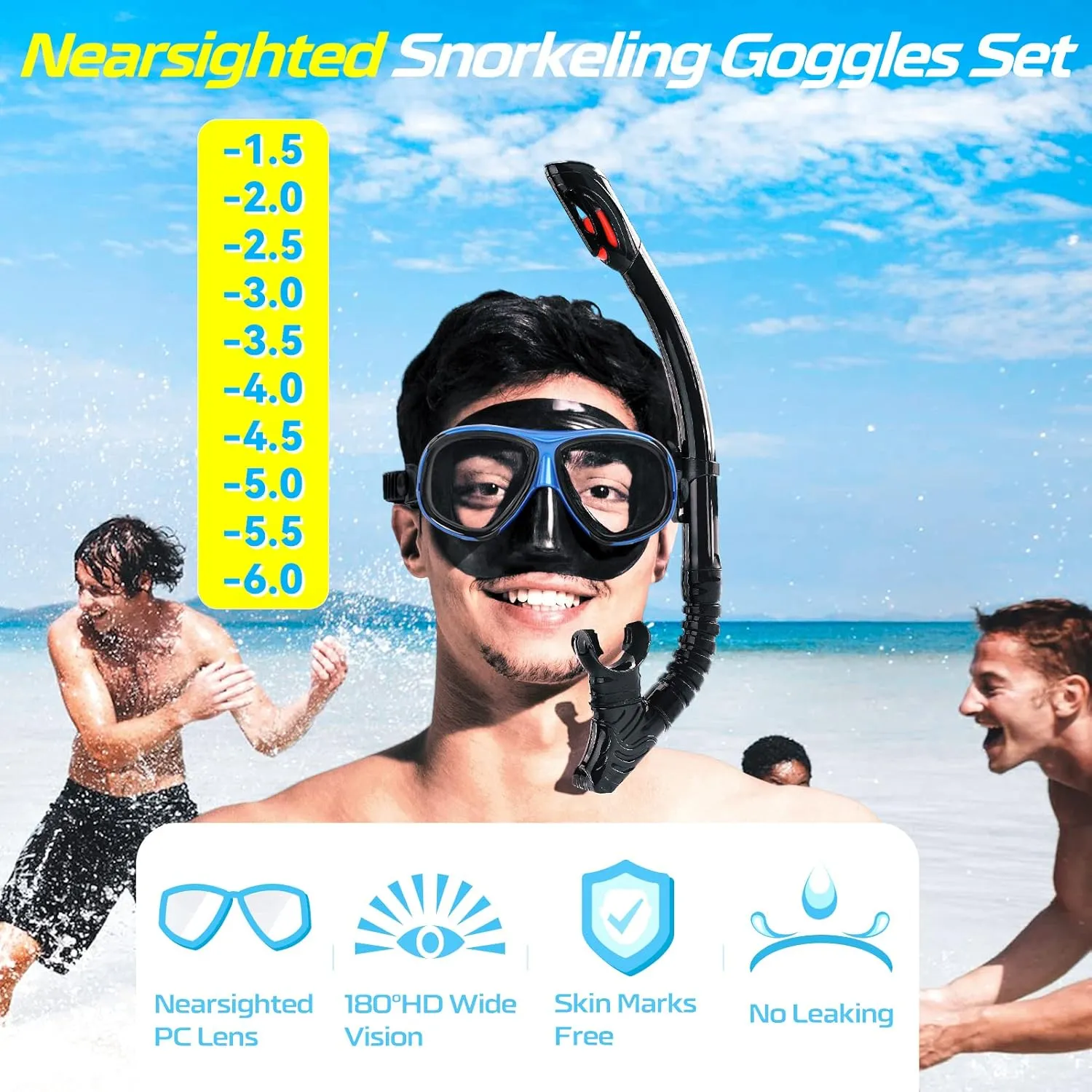 Nearsighted Snorkel Gear, Nearsighted Dry Snorkel Set for Adult Youth, Shortsighted Anti Fog Diving Mask & Dry Top Snorkel with Detachable Camera Mount for Scuba Diving, Snorkeling, Freediving