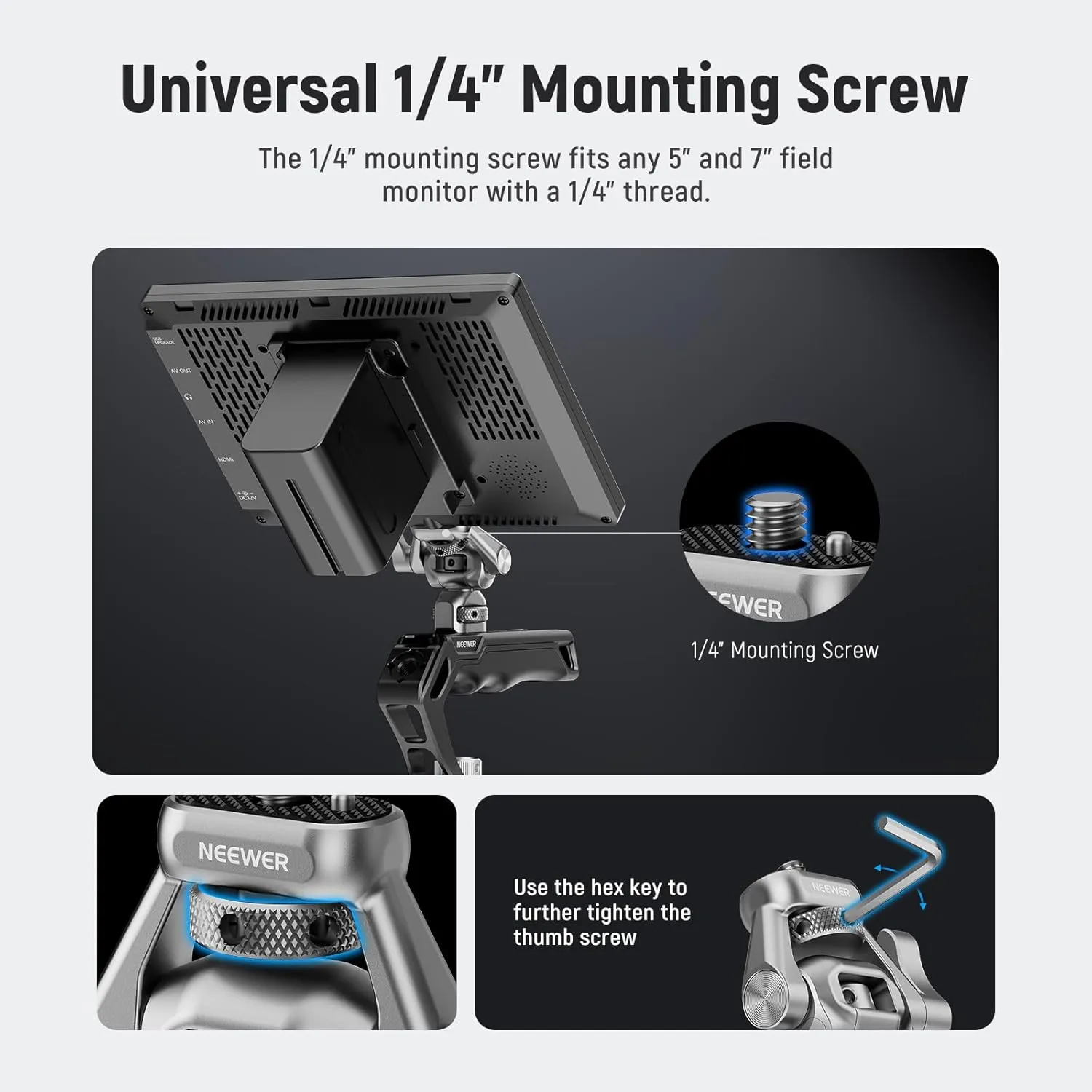 NEEWER Camera Monitor Mount with 3/8" Screw for ARRI, Field Monitor Holder with 1/4" Screw, Anti Twist Pin, 360° Rotation, 180° Tilt, Adjustable Damping, Compatible with SmallRig Camera Cage, MA018