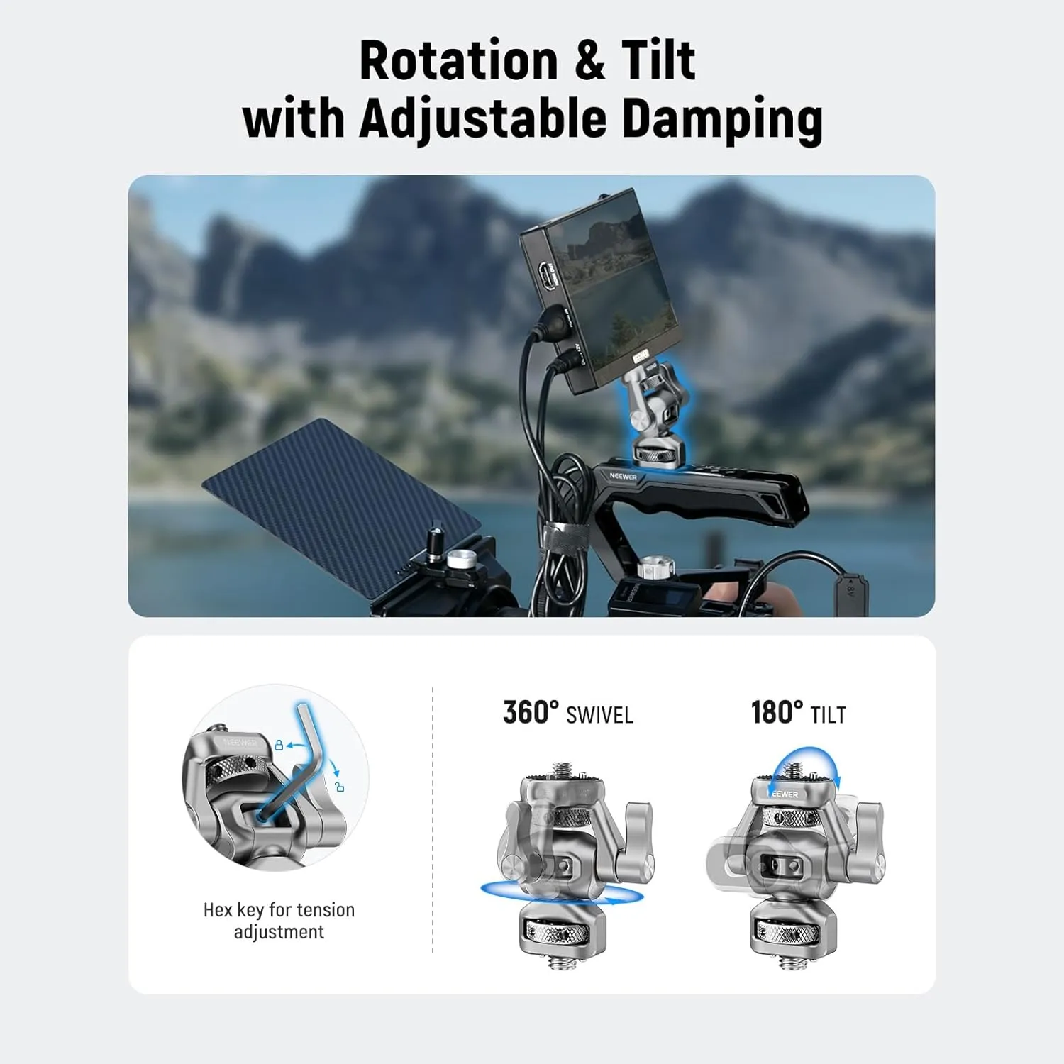 NEEWER Camera Monitor Mount with 3/8" Screw for ARRI, Field Monitor Holder with 1/4" Screw, Anti Twist Pin, 360° Rotation, 180° Tilt, Adjustable Damping, Compatible with SmallRig Camera Cage, MA018