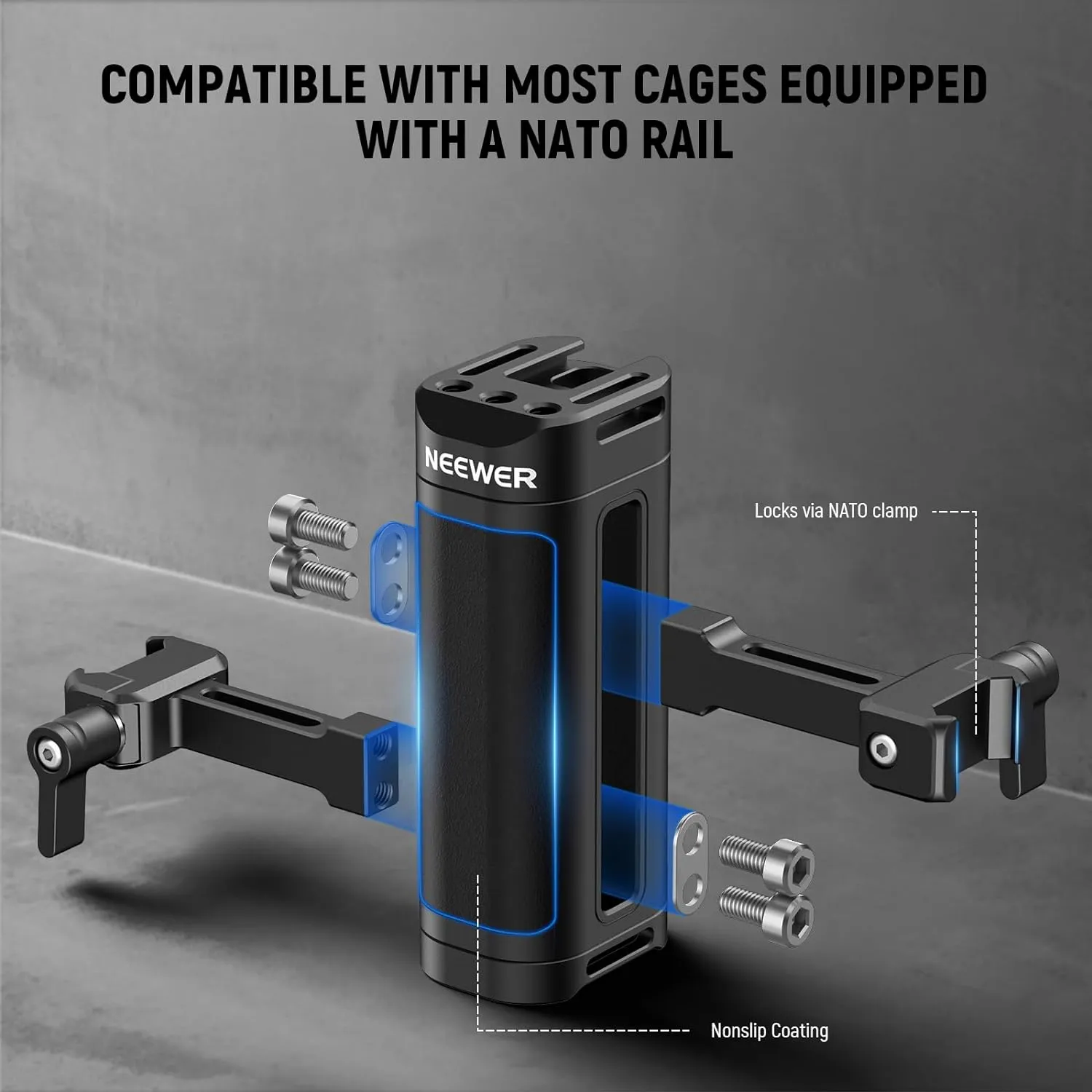 NEEWER Lightweight NATO Side Handle Handgrip Aluminum with Universal NATO Clamp Up & Down Adjustable, 1/4" Threads, Cold Shoe, Camera Cage Handle Compatible with SmallRig NEEWER Cage Rig, CA023H