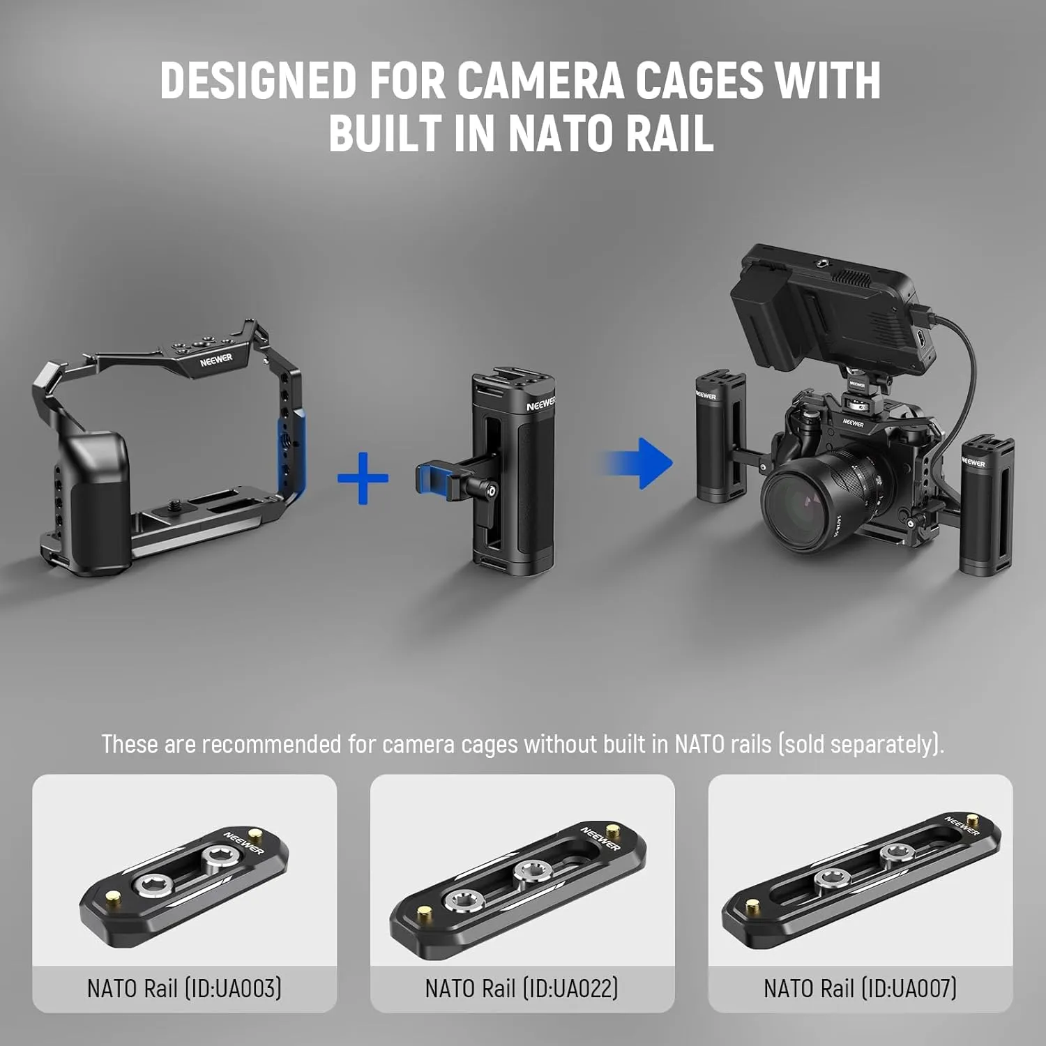 NEEWER Lightweight NATO Side Handle Handgrip Aluminum with Universal NATO Clamp Up & Down Adjustable, 1/4" Threads, Cold Shoe, Camera Cage Handle Compatible with SmallRig NEEWER Cage Rig, CA023H