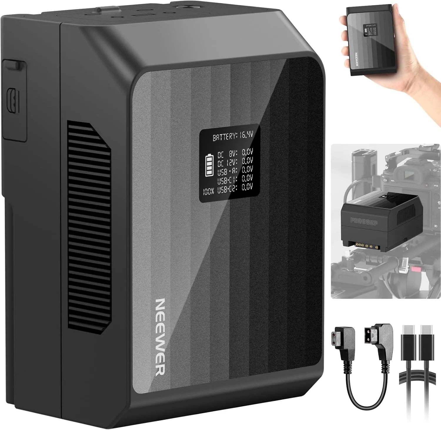 NEEWER Mini V Mount Battery PS099EP, 6800mAh 99Wh 14.5V V Lock Battery with 100W PD Fast Charging, Dual USB C/D Tap/BP/USB A/Dual DC Ports/OLED Screen, Compatible with BMPCC 4k 6k Camcorder Camera