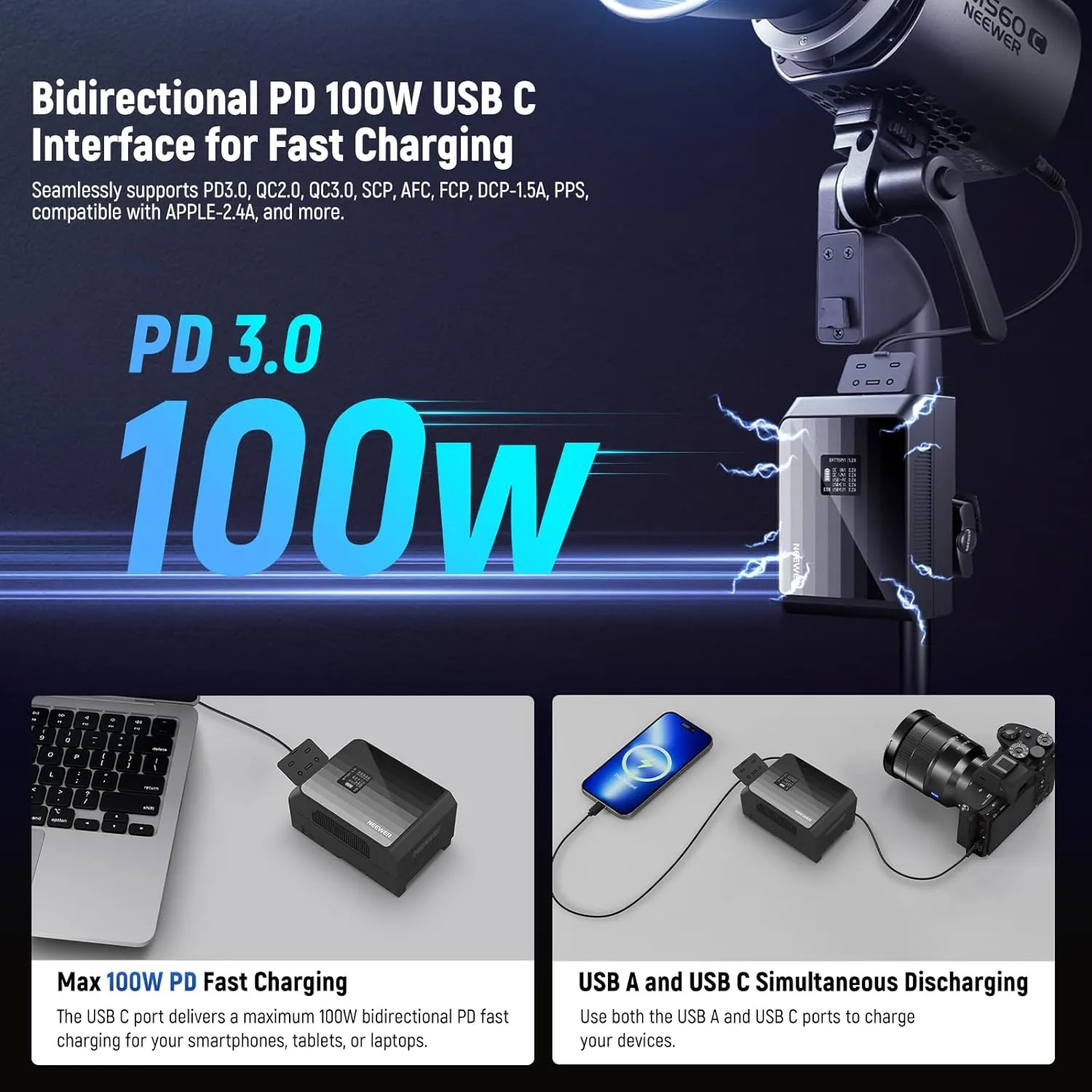 NEEWER Mini V Mount Battery PS099EP, 6800mAh 99Wh 14.5V V Lock Battery with 100W PD Fast Charging, Dual USB C/D Tap/BP/USB A/Dual DC Ports/OLED Screen, Compatible with BMPCC 4k 6k Camcorder Camera