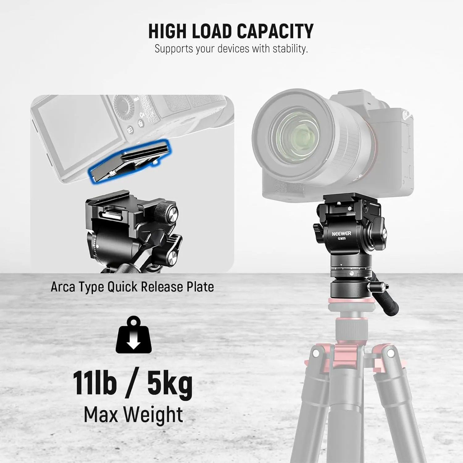 NEEWER Tripod Fluid Head with  /-7° Leveling Base (φ48mm), Metal Mini Pan Tilt Video Head Mount with Arca Type QR Plate, Telescopic Handle for Compact Video Camera DSLR Camera, Max Load 11lb/5kg, GM35