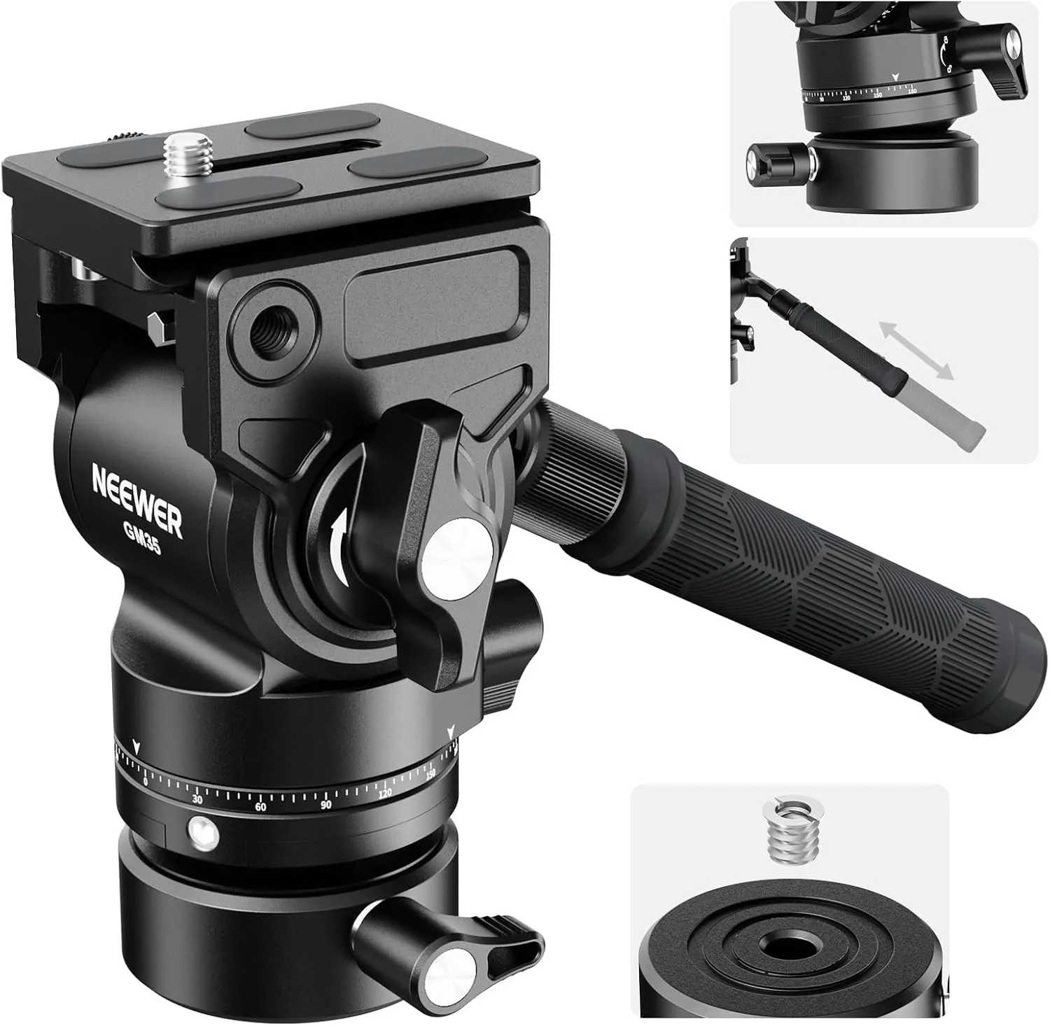 NEEWER Tripod Fluid Head with  /-7° Leveling Base (φ48mm), Metal Mini Pan Tilt Video Head Mount with Arca Type QR Plate, Telescopic Handle for Compact Video Camera DSLR Camera, Max Load 11lb/5kg, GM35