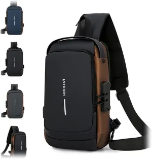 New Carbon Fiber Streamline Anti-Theft Sling Bag, USB Charging Waterproof Shoulder Backpacks, Sport Crossbody Bag (black gold)