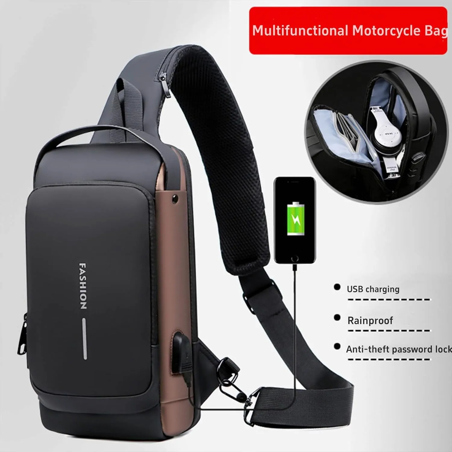 New Carbon Fiber Streamline Anti-Theft Sling Bag, USB Charging Waterproof Shoulder Backpacks, Sport Crossbody Bag (black gold)