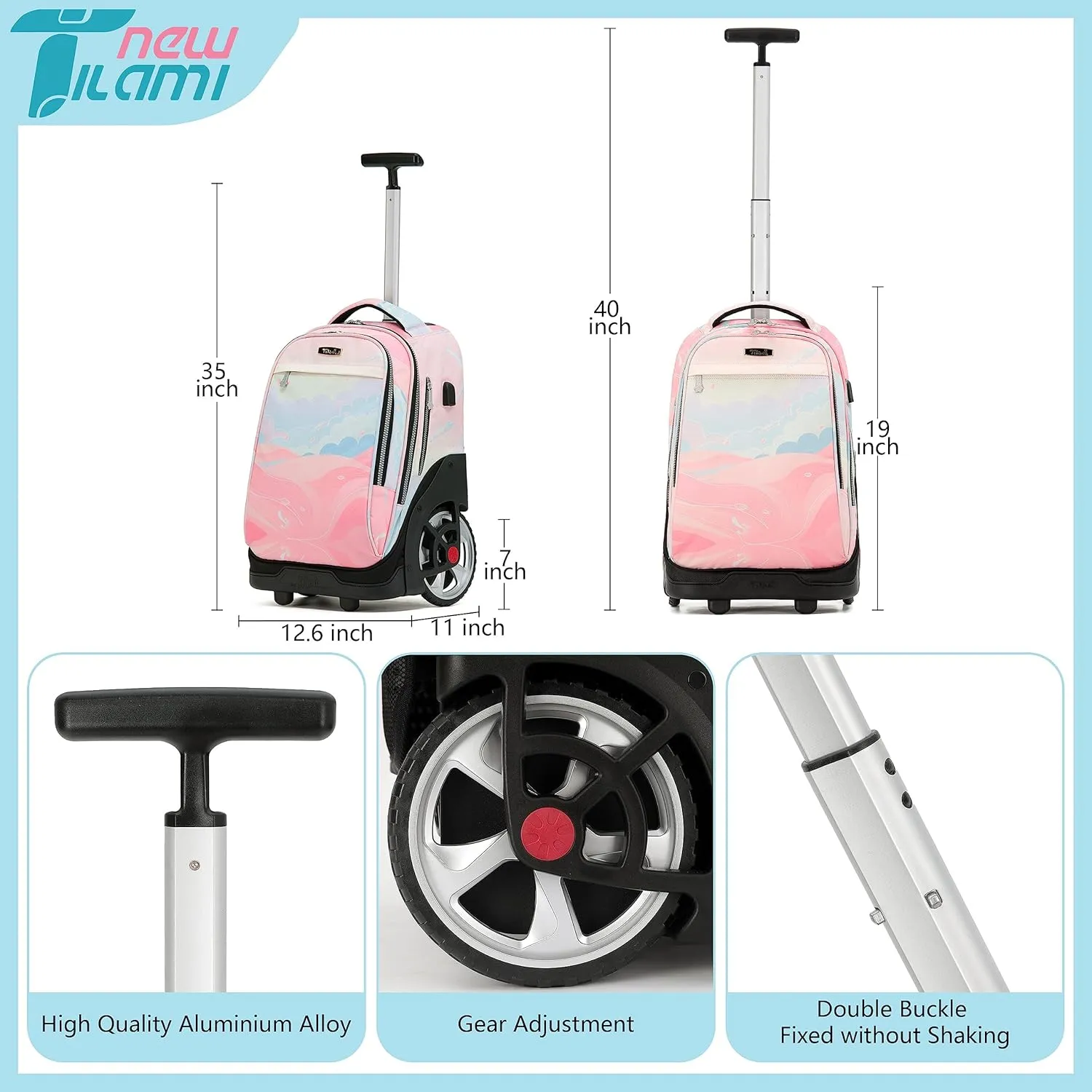 NEW TILAMI 19 Inch Wheeled Laptop Backpack with Lunch Bag Bookbag Roller Travel Bag College Women Men for School Travel, Pink
