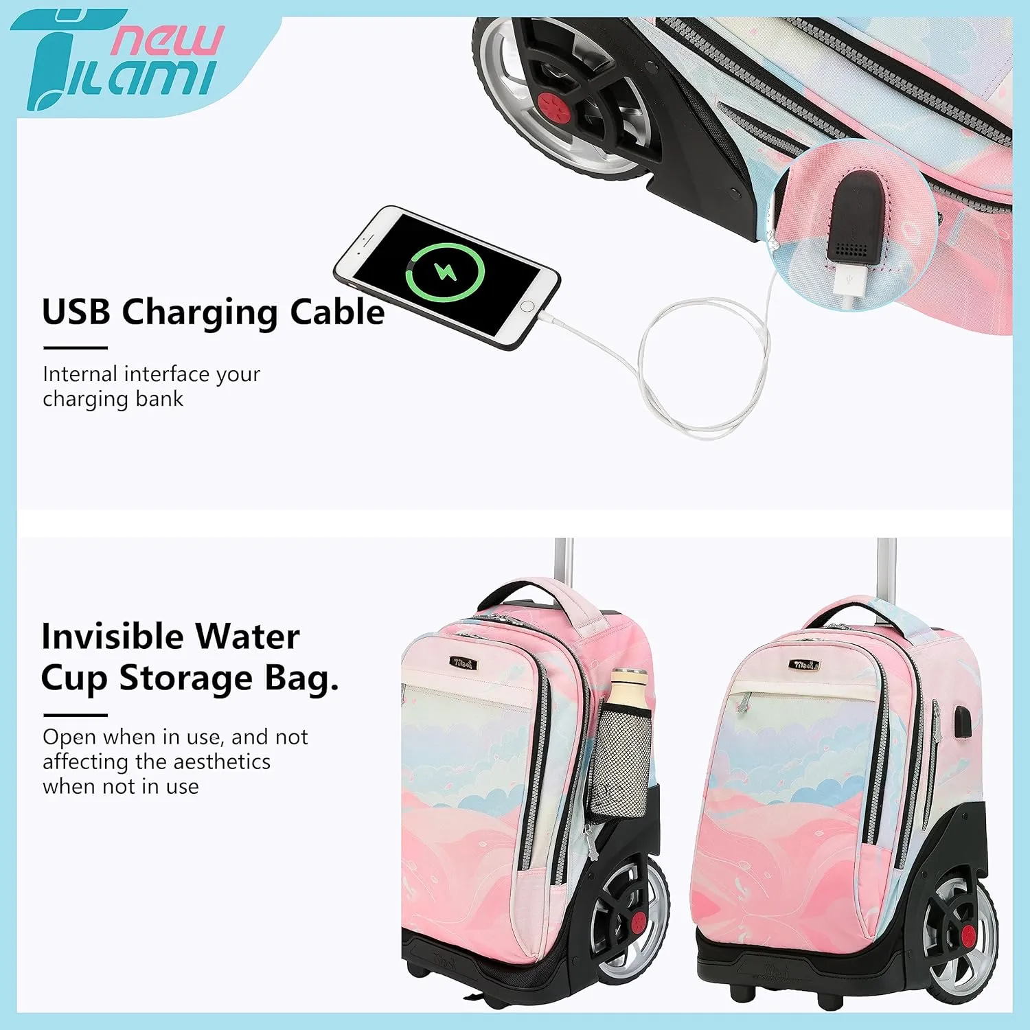 NEW TILAMI 19 Inch Wheeled Laptop Backpack with Lunch Bag Bookbag Roller Travel Bag College Women Men for School Travel, Pink