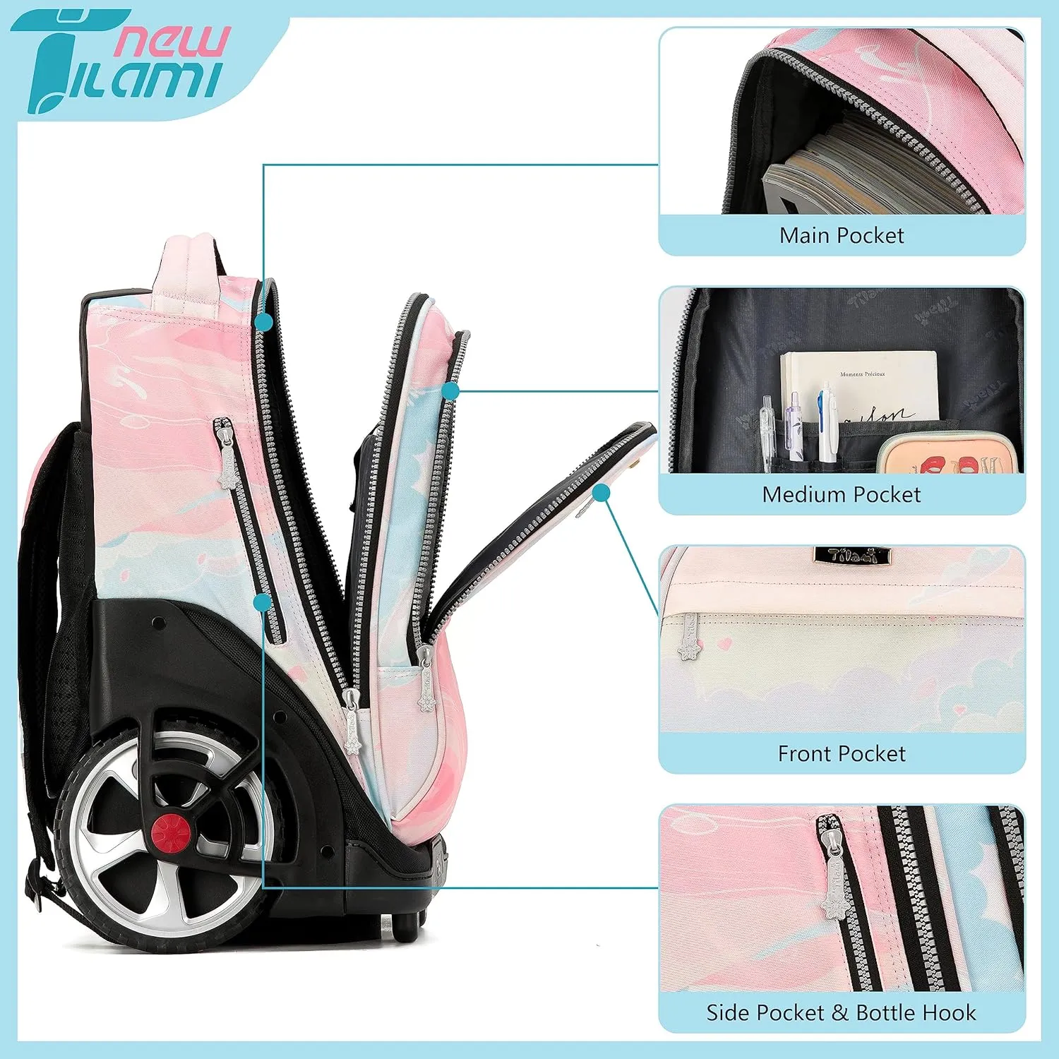 NEW TILAMI 19 Inch Wheeled Laptop Backpack with Lunch Bag Bookbag Roller Travel Bag College Women Men for School Travel, Pink