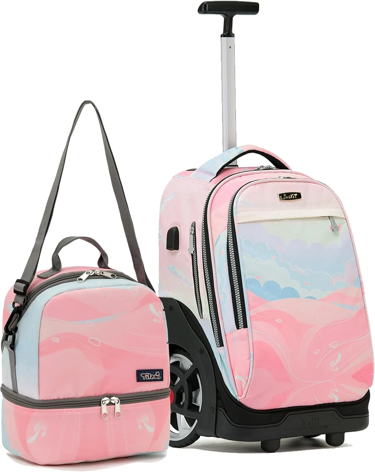 NEW TILAMI 19 Inch Wheeled Laptop Backpack with Lunch Bag Bookbag Roller Travel Bag College Women Men for School Travel, Pink