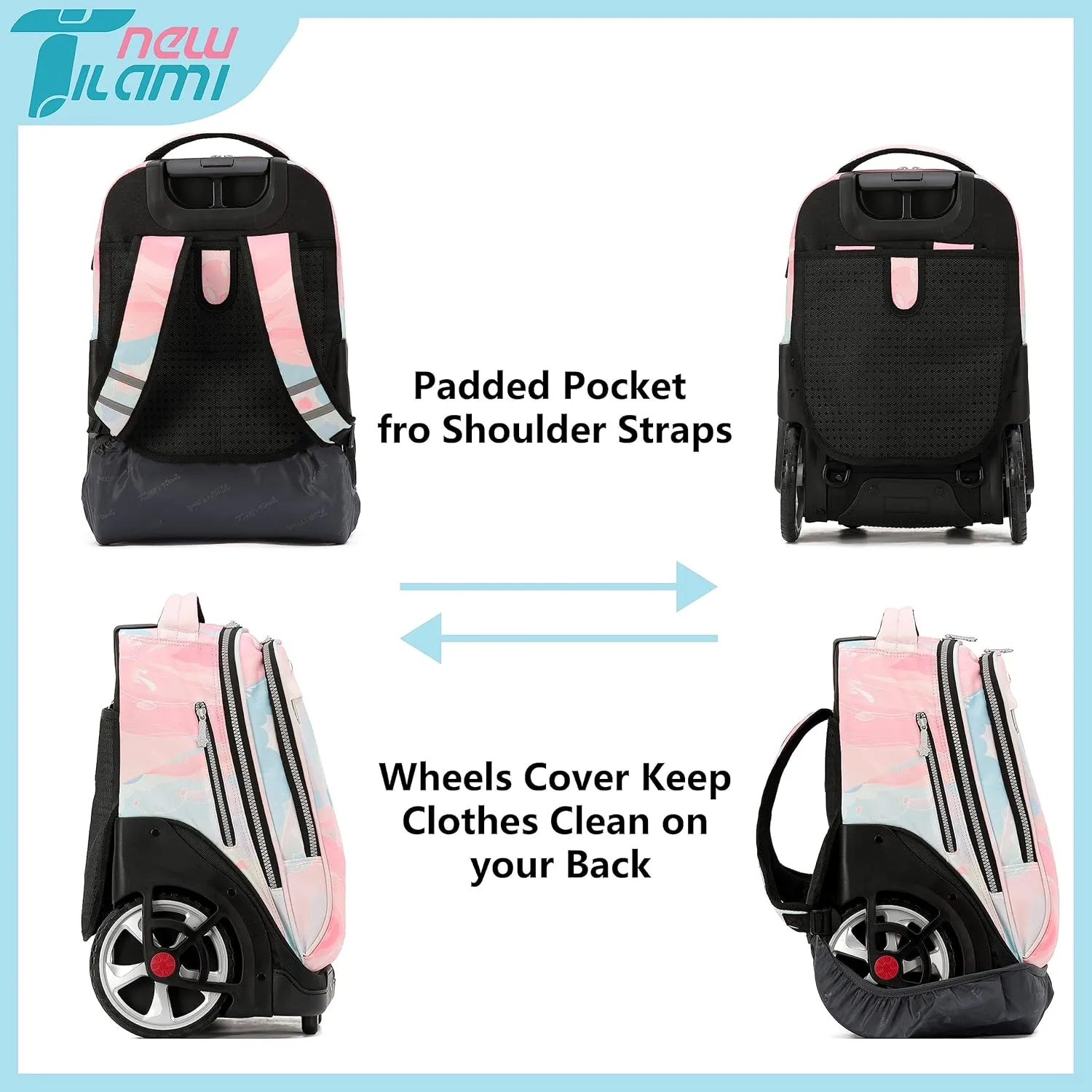 NEW TILAMI 19 Inch Wheeled Laptop Backpack with Lunch Bag Bookbag Roller Travel Bag College Women Men for School Travel, Pink