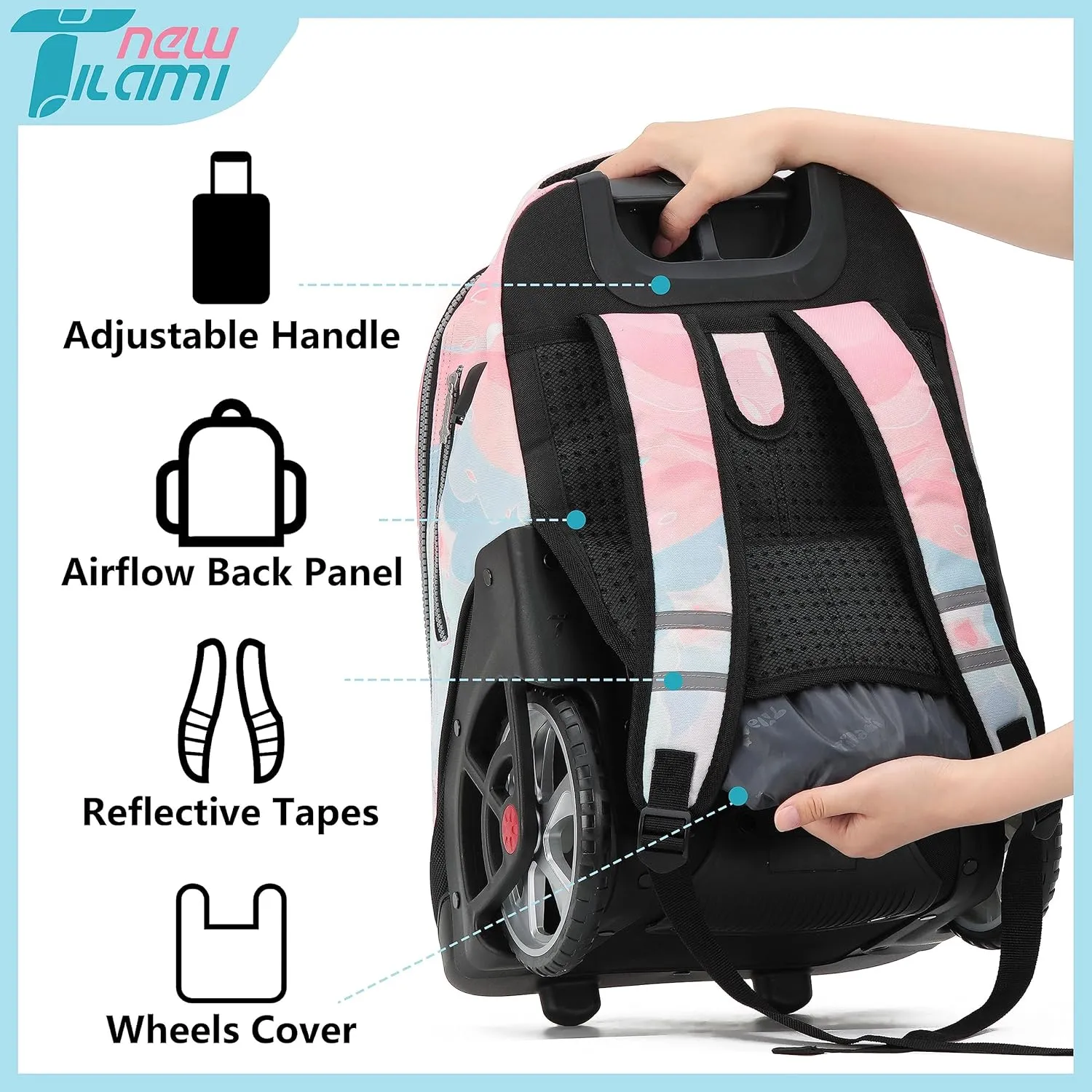 NEW TILAMI 19 Inch Wheeled Laptop Backpack with Lunch Bag Bookbag Roller Travel Bag College Women Men for School Travel, Pink