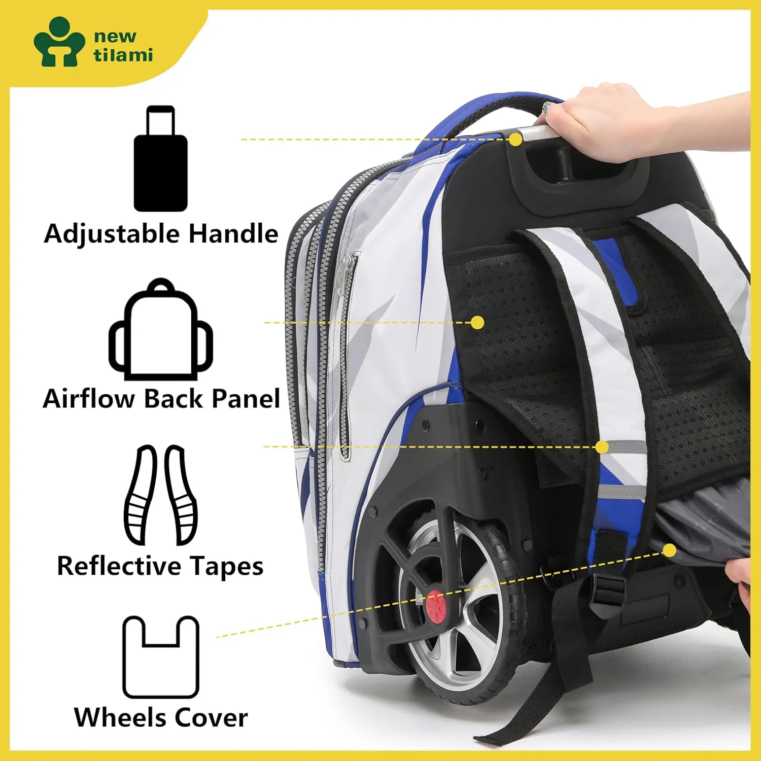 NEW TILAMI 20" Rolling Backpack for Teens Adults, Climbing Stairs Waterproof Backpack with Wheels for School Business Trave Camping with Laptop Compartment, Fit 17 Inch Laptop, Blue White