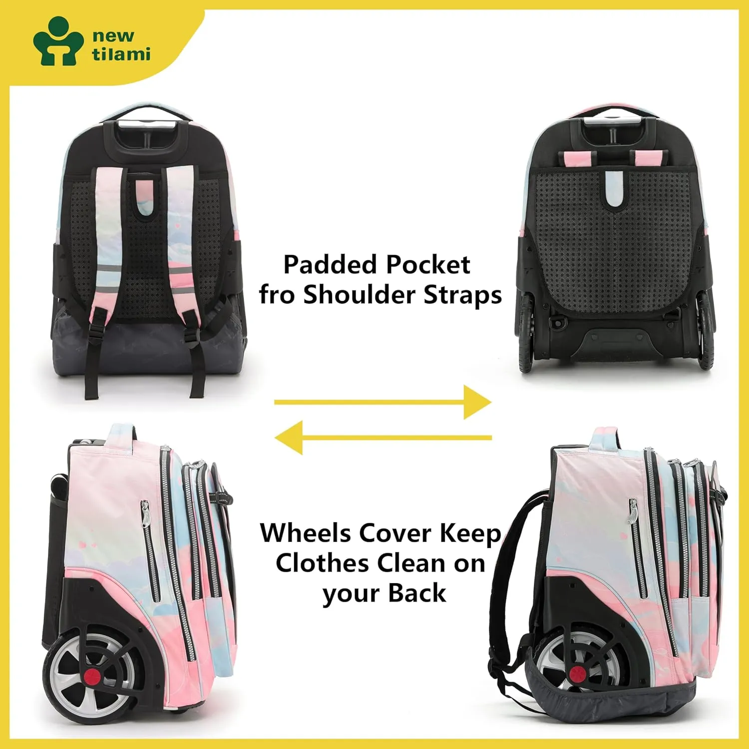 NEW TILAMI 20" Rolling Backpack for Teens Adults, Climbing Stairs Waterproof Backpack with Wheels for School Business Trave Camping with Laptop Compartment, Fit 17 Inch Laptop, Pink