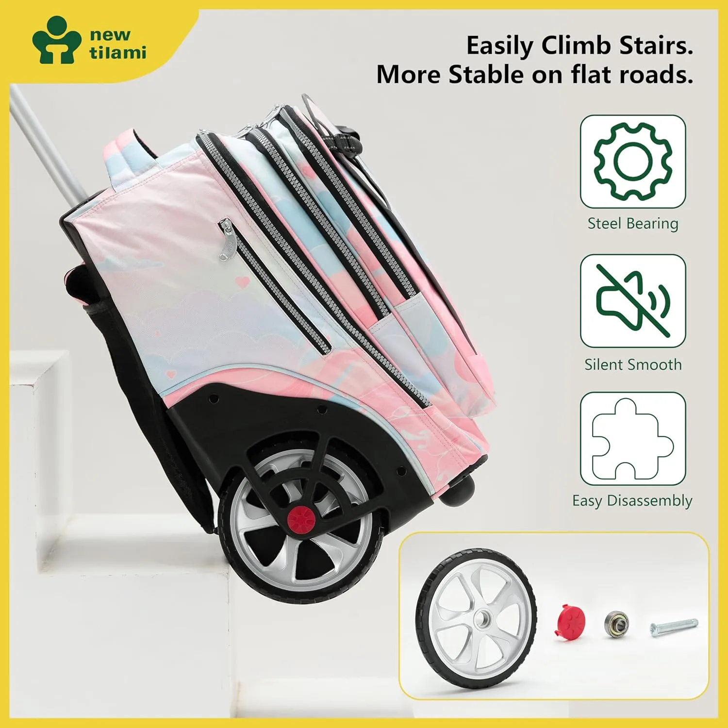 NEW TILAMI 20" Rolling Backpack for Teens Adults, Climbing Stairs Waterproof Backpack with Wheels for School Business Trave Camping with Laptop Compartment, Fit 17 Inch Laptop, Pink