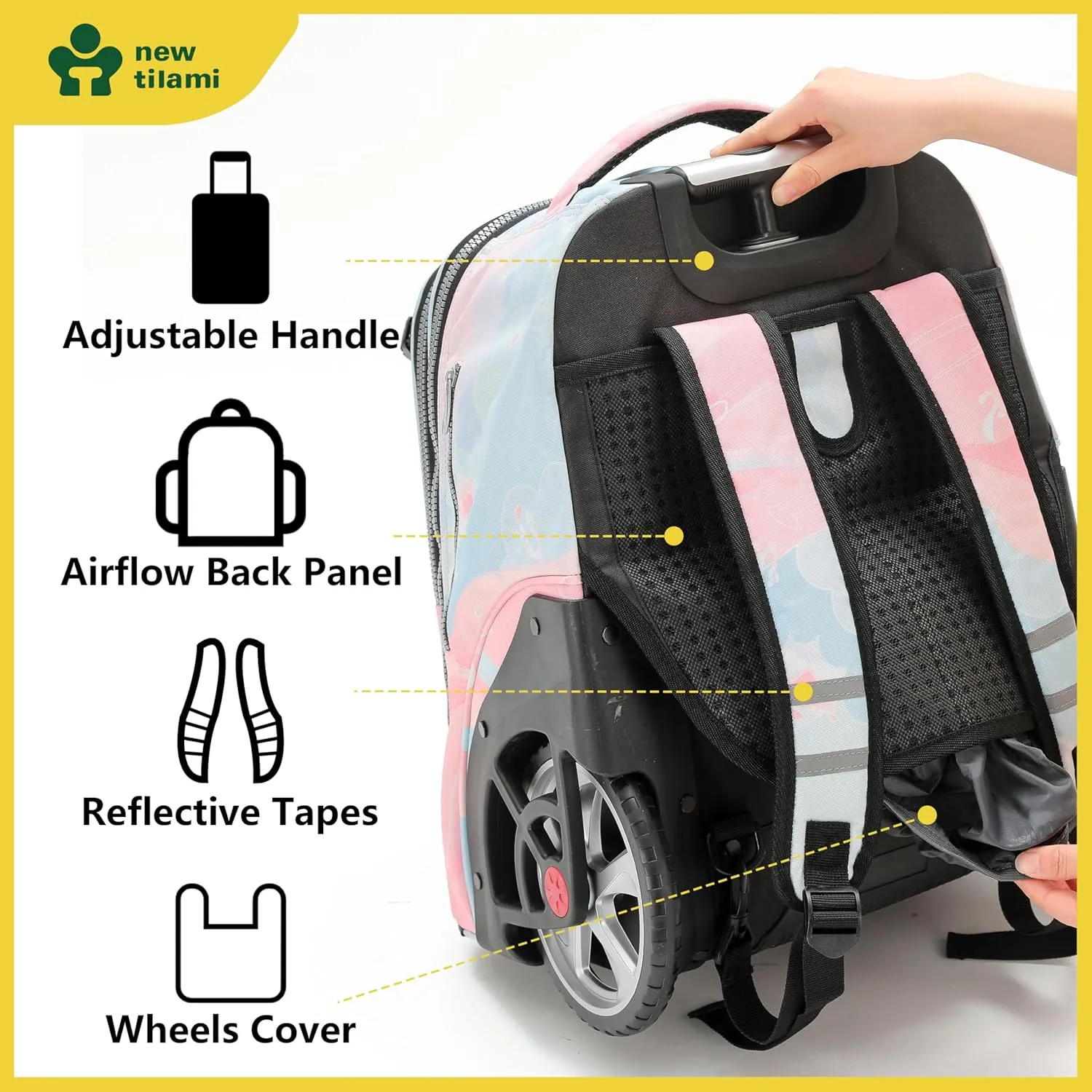 NEW TILAMI 20" Rolling Backpack for Teens Adults, Climbing Stairs Waterproof Backpack with Wheels for School Business Trave Camping with Laptop Compartment, Fit 17 Inch Laptop, Pink