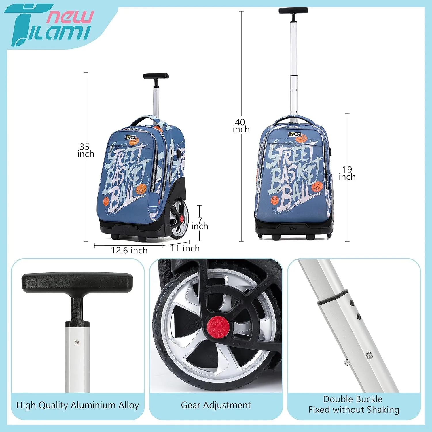 NEW TILAMI Rolling Backpack 19 inch with Lunch Bag Teens Cute Wheeled Computer Laptop Backpack Bookbag Roller Travel Bag College, Street Basketball