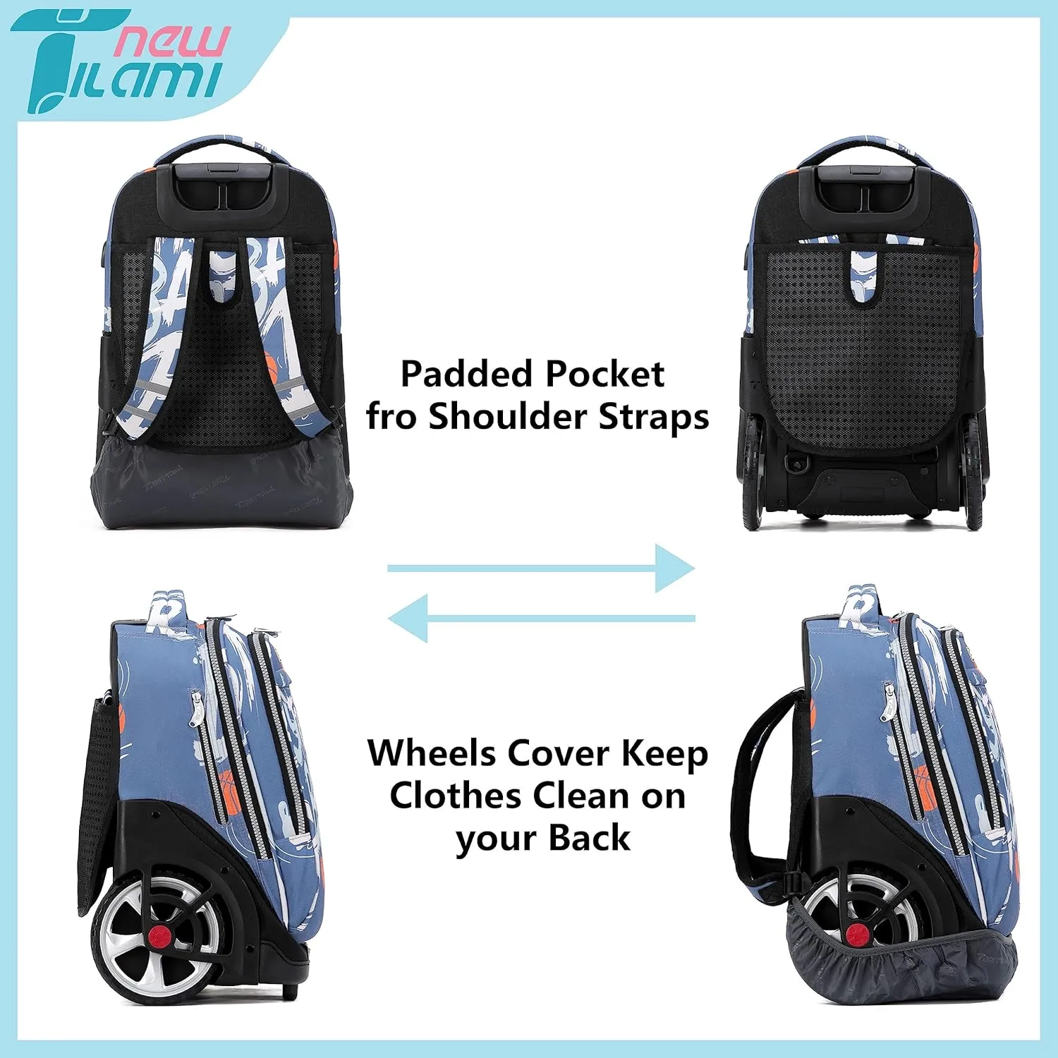 NEW TILAMI Rolling Backpack 19 inch with Lunch Bag Teens Cute Wheeled Computer Laptop Backpack Bookbag Roller Travel Bag College, Street Basketball