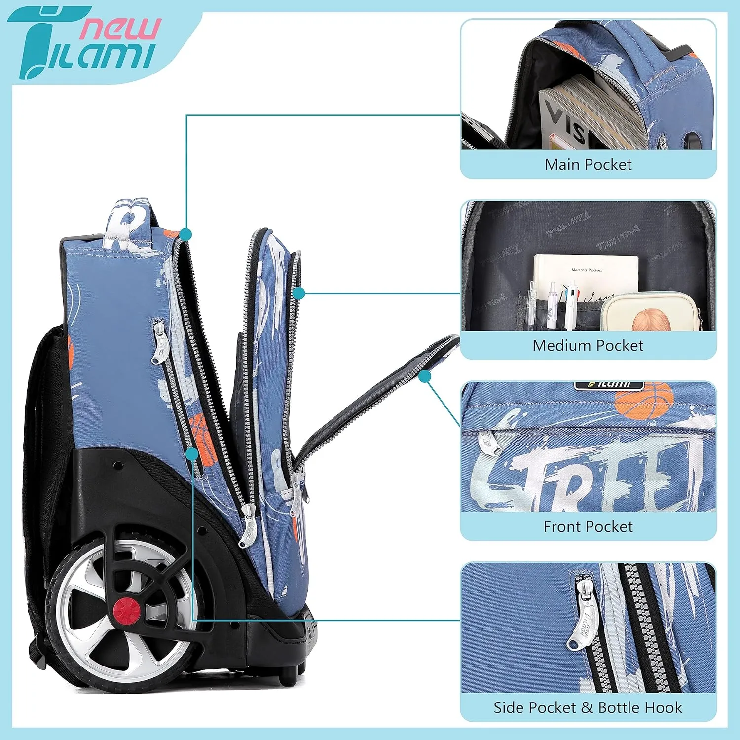 NEW TILAMI Rolling Backpack 19 inch with Lunch Bag Teens Cute Wheeled Computer Laptop Backpack Bookbag Roller Travel Bag College, Street Basketball