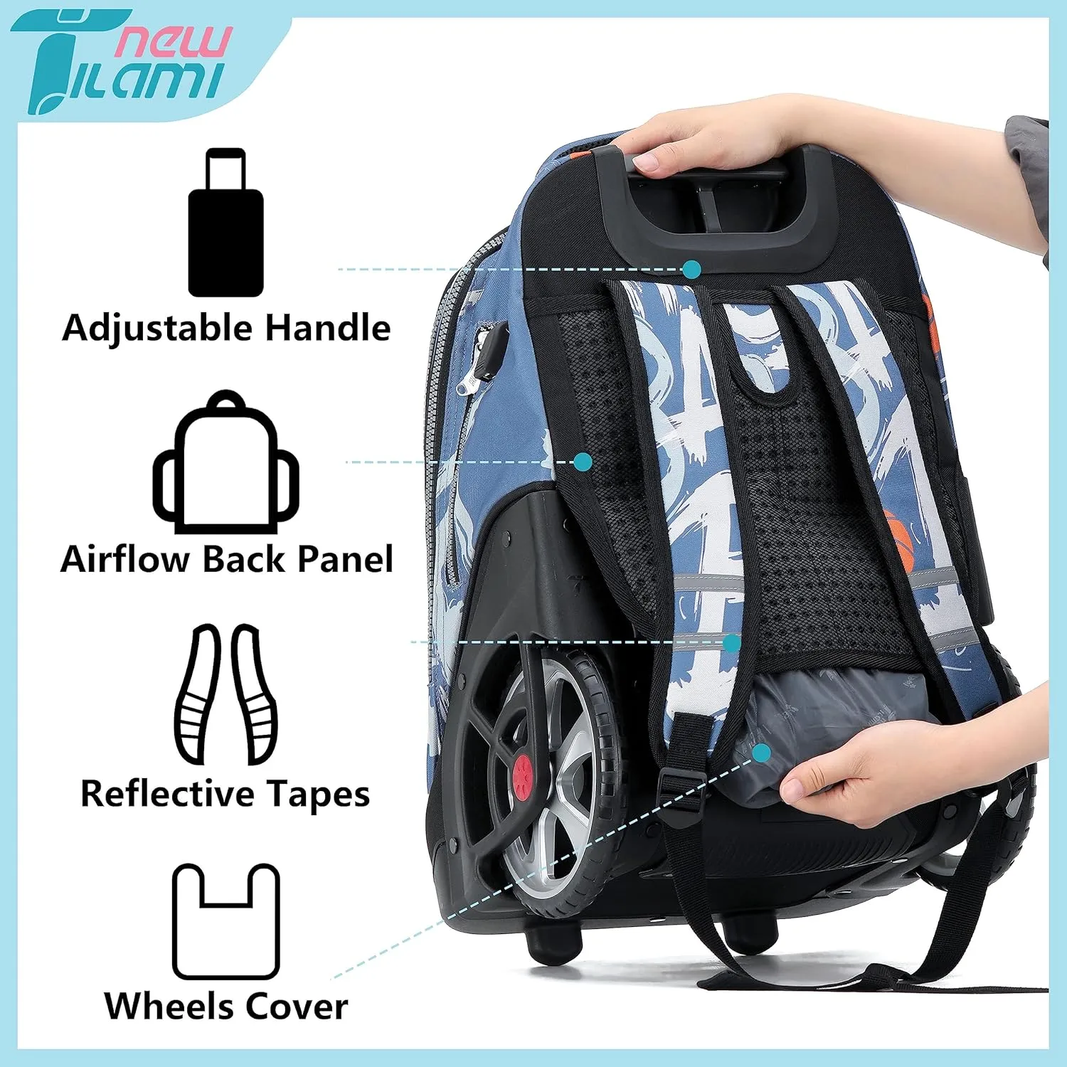NEW TILAMI Rolling Backpack 19 inch with Lunch Bag Teens Cute Wheeled Computer Laptop Backpack Bookbag Roller Travel Bag College, Street Basketball