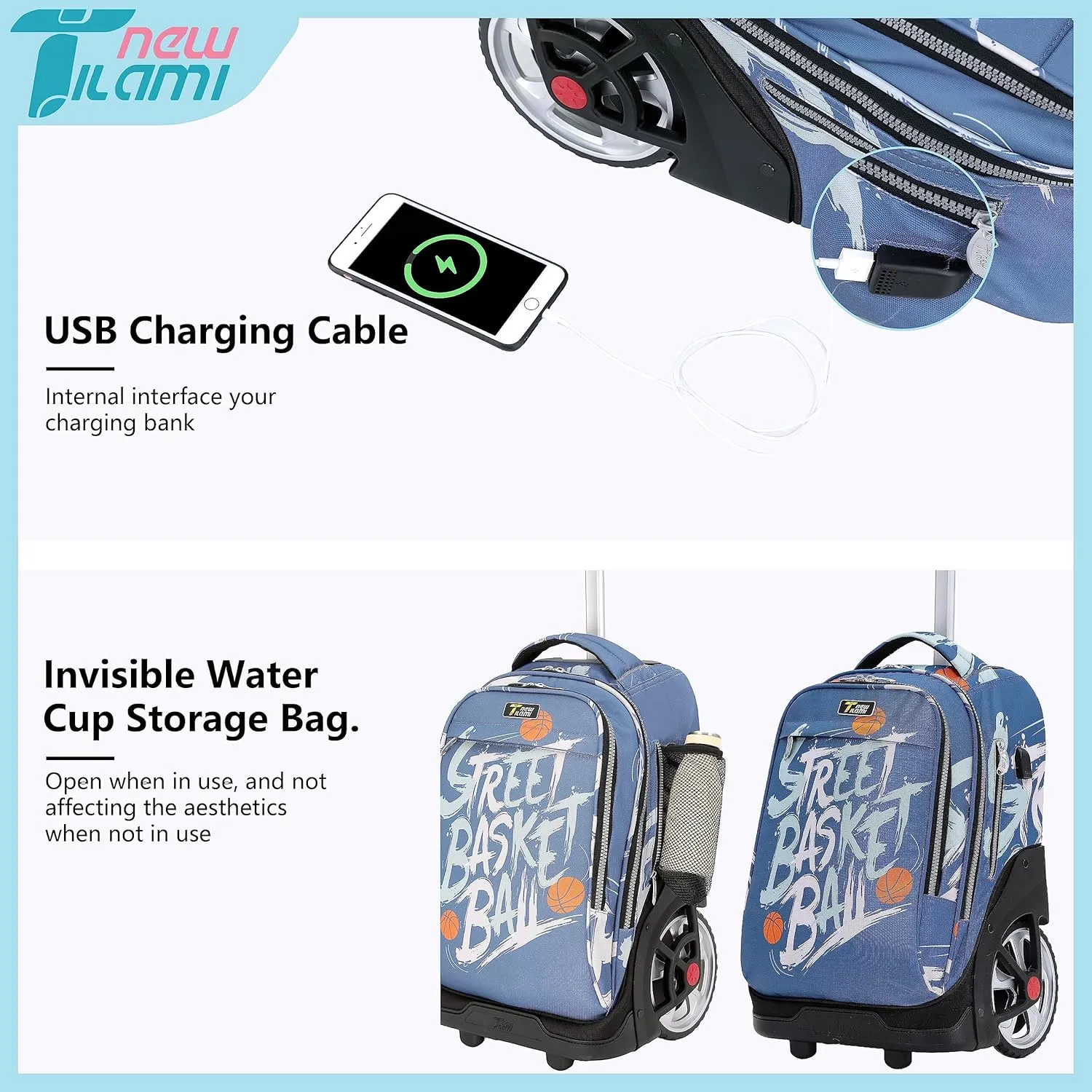NEW TILAMI Rolling Backpack 19 inch with Lunch Bag Teens Cute Wheeled Computer Laptop Backpack Bookbag Roller Travel Bag College, Street Basketball