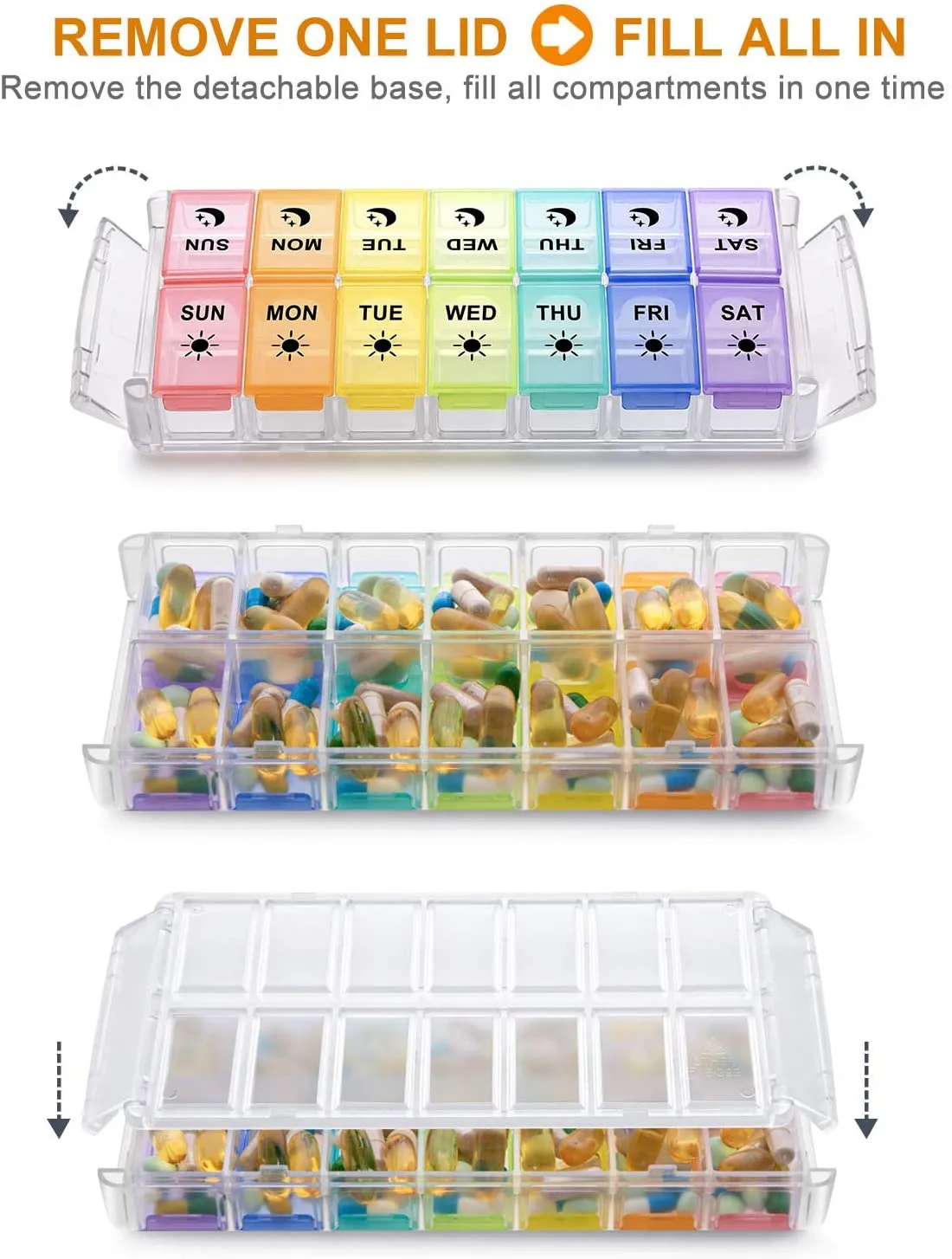 New Weekly Pill Organizer 2 Times a Day Extra Large 7 Day Easy Fill 2020 Upgrade Version Fullicon AM PM Pill Box XL Large Daily Pill Cases Medicine Box - Rainbow! Retails $40 