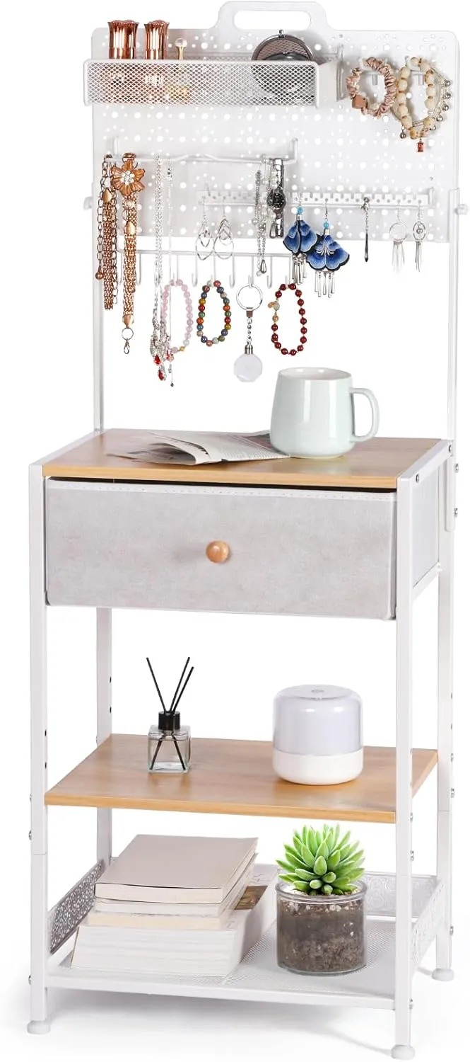 Night Stand with Jewelry Organizer Stand, Nightstand with Fabric Drawer, Bedside Table, Modern Nightstand for Bedroom, Side Table for Bedroom Dorm, Natural/White