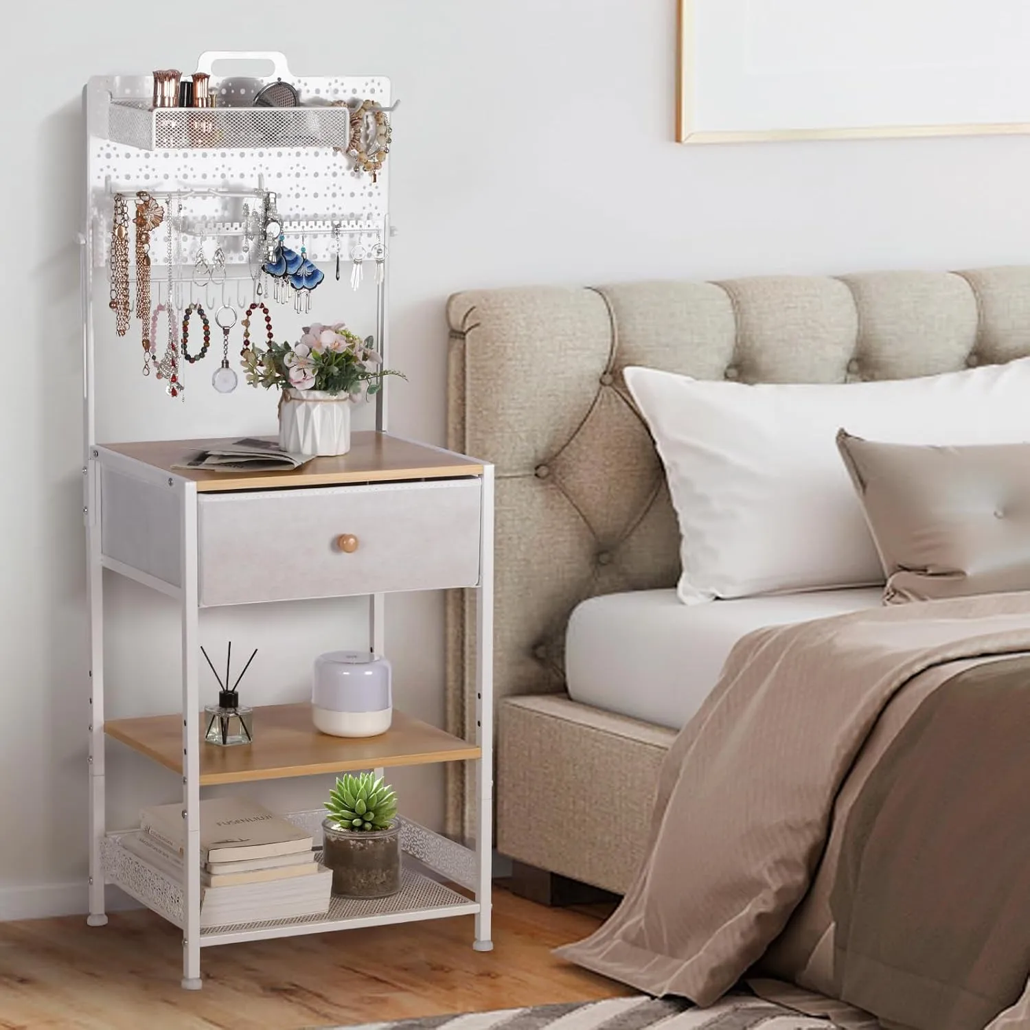 Night Stand with Jewelry Organizer Stand, Nightstand with Fabric Drawer, Bedside Table, Modern Nightstand for Bedroom, Side Table for Bedroom Dorm, Natural/White